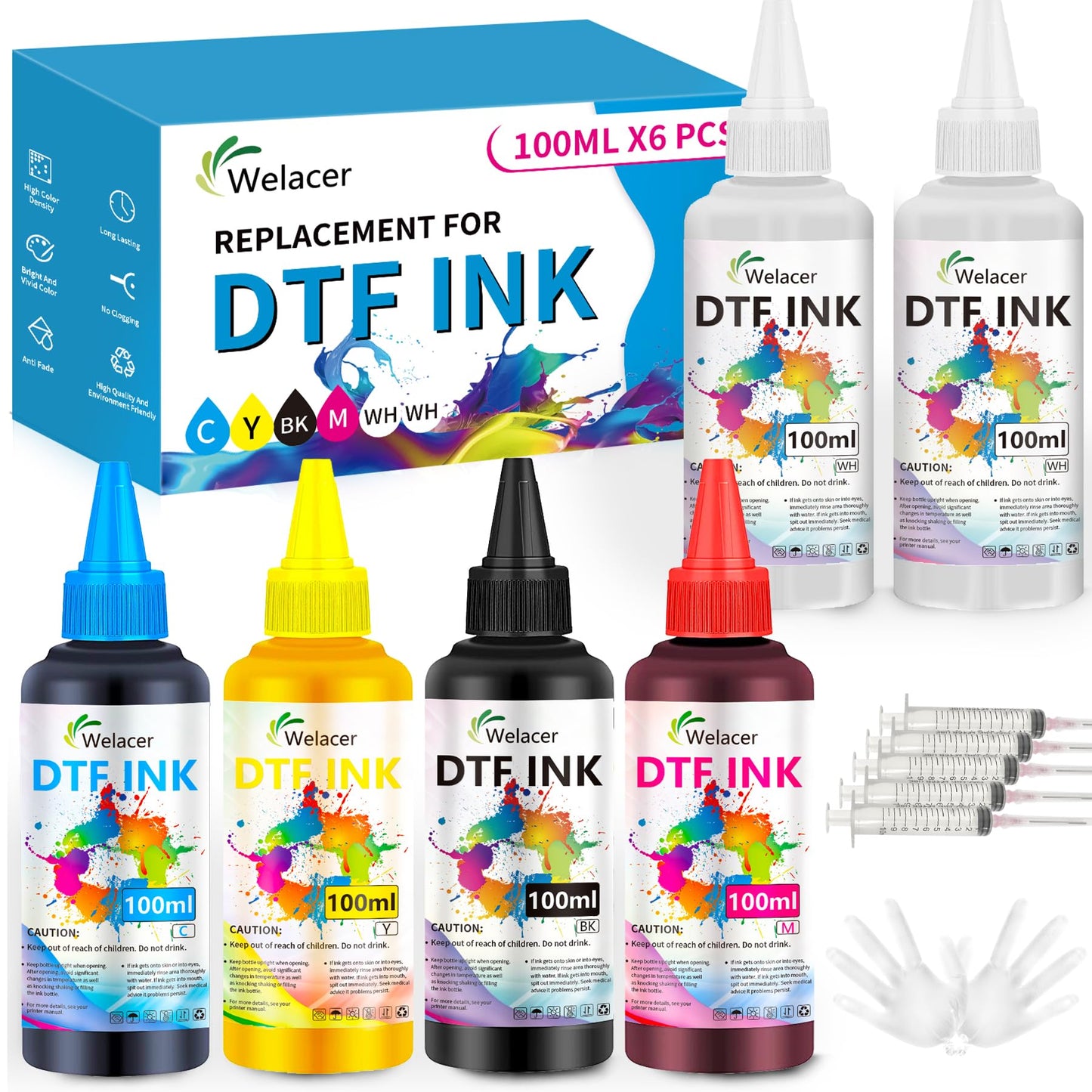 Welacer DTF Ink for ET-8550, ET-2850 L1800, R1390, I3200, XP600, XP-15000, DX5 DX7, TX800, L800, 1430, P400, 6x100ml Heat Transfer Ink Conversion Kit Refill for All DTF Printers,for DTF Film