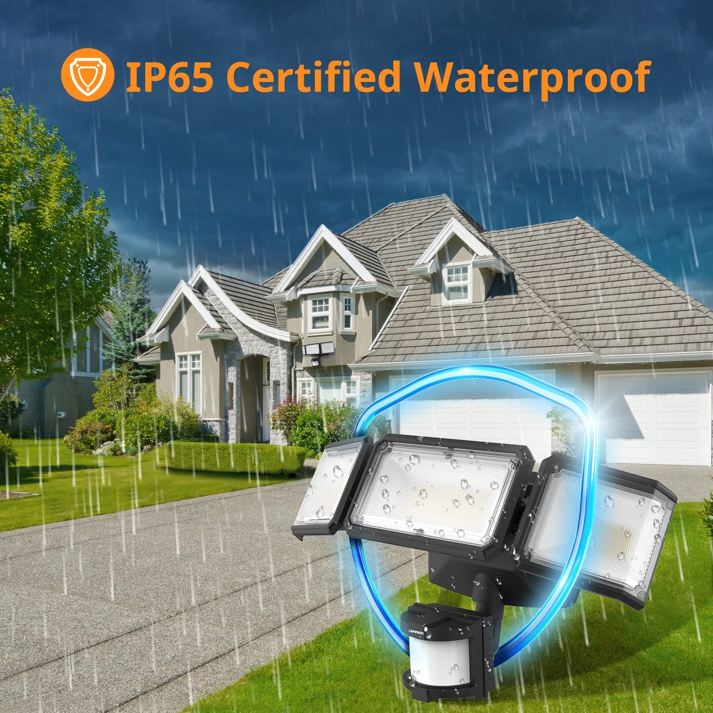 LEPOWER Battery Powered Motion Sensor Security Lights, 5000K LED Flood Light Outdoor,1500LM, IP65 Waterproof,Wireless Battery Operated Flood Light, 3 Head Motion Detector Light for Garage,Yard(Black)
