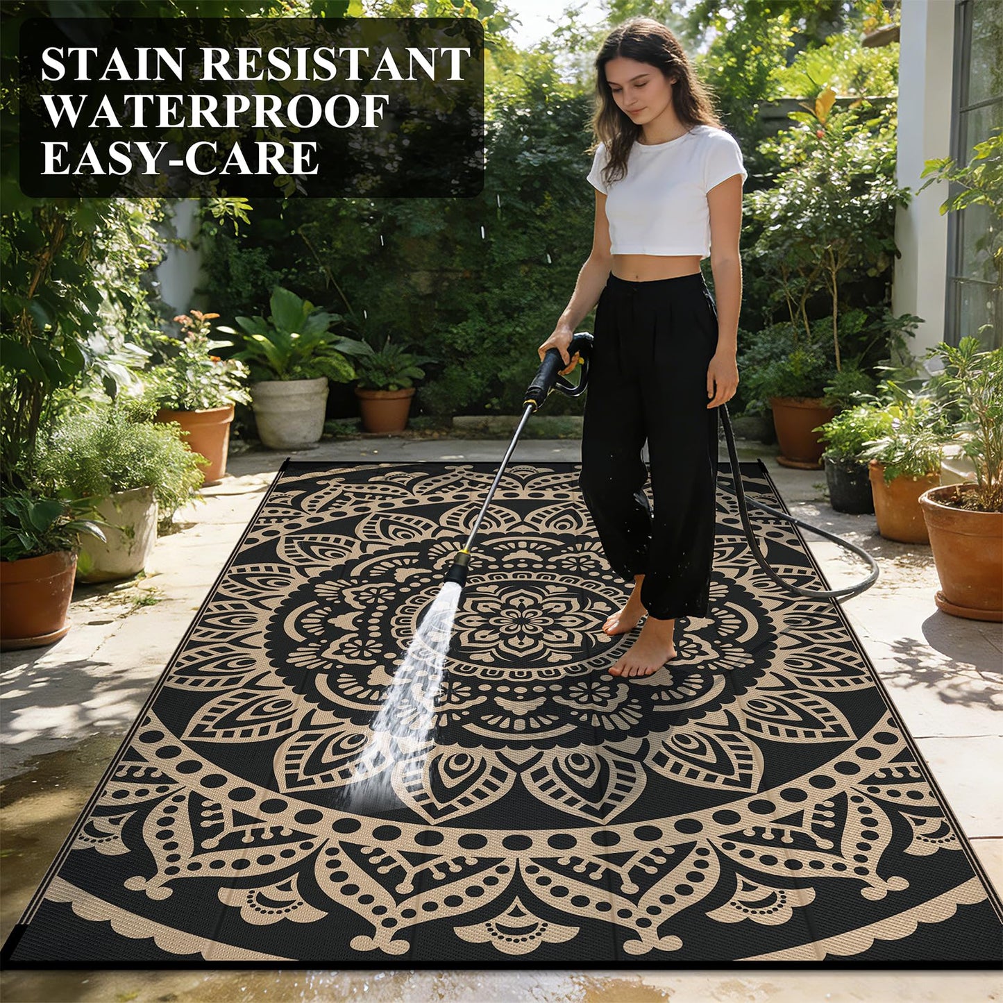 Bsmathom Waterproof Outdoor Rug 5'x8' Reversible Boho Plastic Straw Patio Deck Camping Rugs, Indoor Outdoor Portable RV Mat Clearance Carpet for Outside, Porch, Balcony, Backyard, Beach, Pool