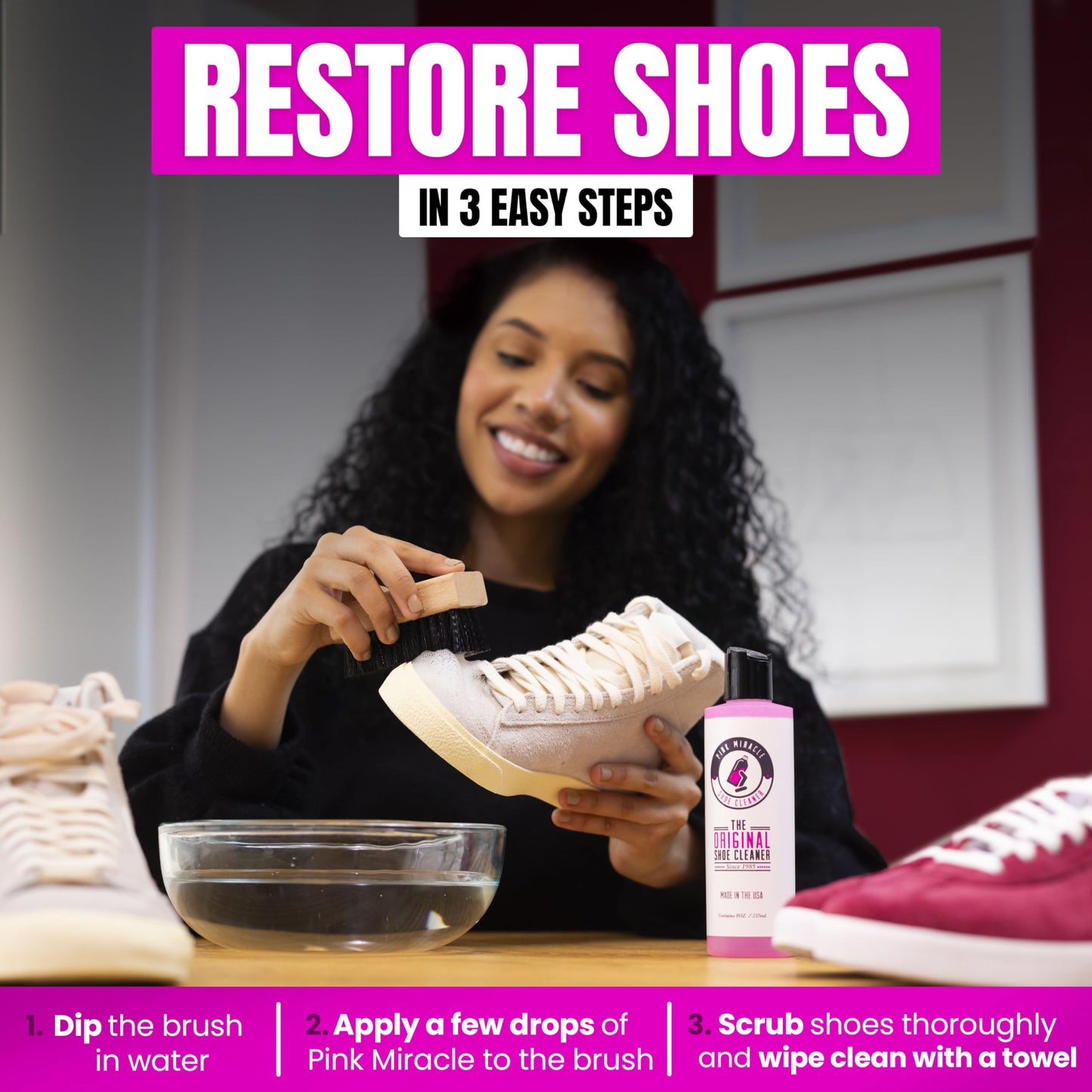 Pink Miracle Bottle - Shoe Cleaner - and Fabric Cleaner Solution With Free BONUS Brush - Works on Leather, Whites, Nubuck, Golf Shoes, Basketball Shoes, Boots, Sandals, Home and Car Upholstery - NON TOXIC