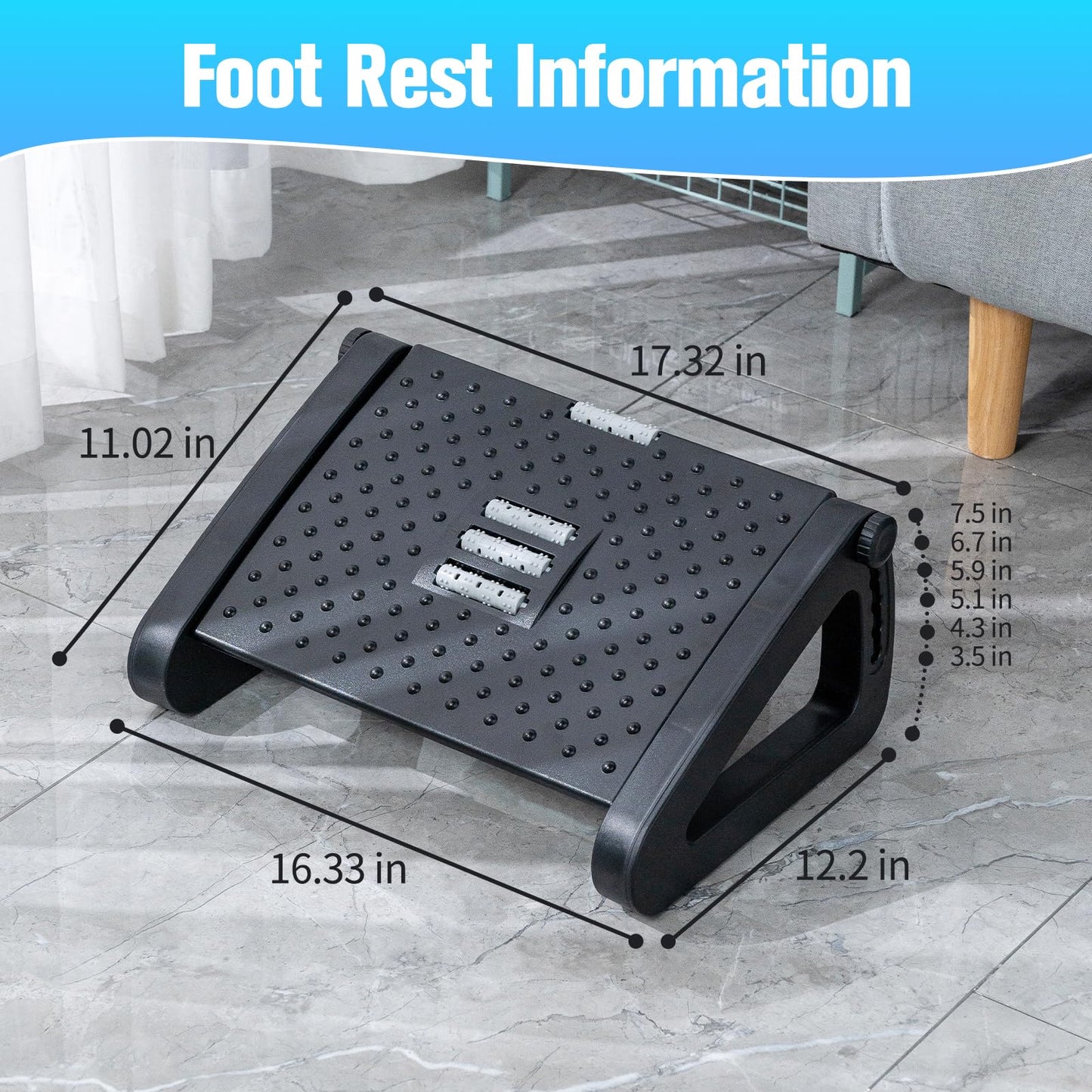 Foot Rest for Under Desk at Work, Foot Stools for Under Office Desk Ergonomic Adjustable Gaming Desk Footrest with 6 Heights, Manual Foot Massage Rollers, Home & Office Use