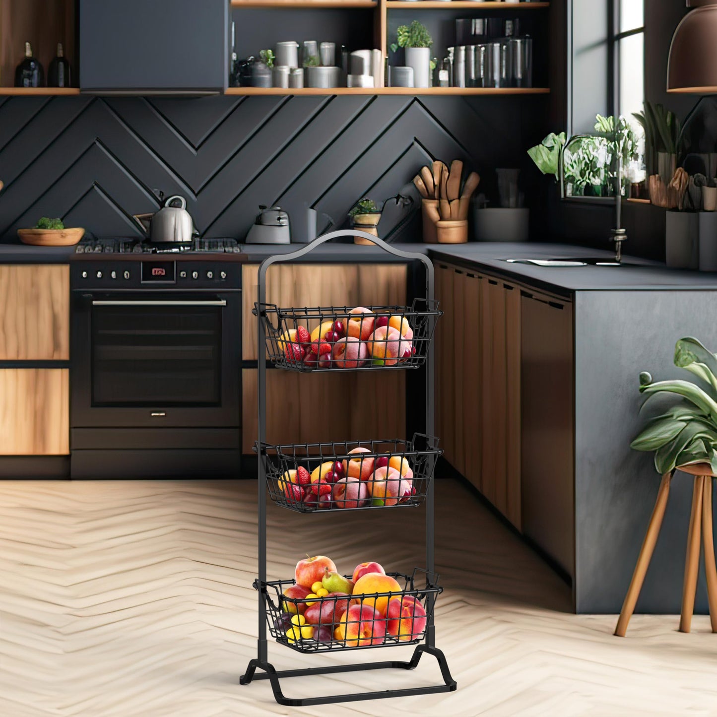 Simple Houseware 3-Tier Rigid Wire Market Fruit Basket Stand Organizer Shelf, Large 45x34x125cm, Black