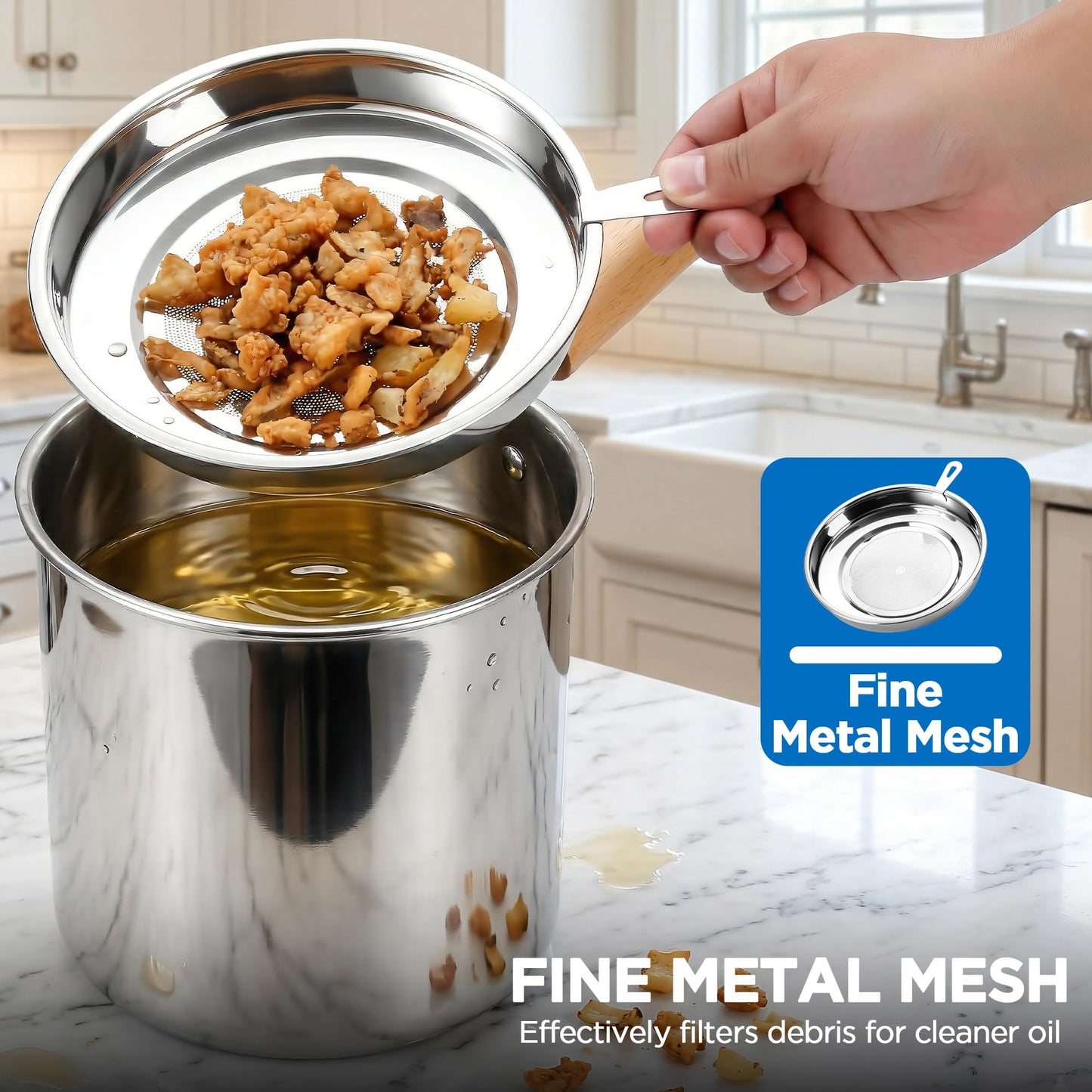 2 in 1 Deep Frying Pot (3L) with Basket, Oil Strainer and Glass Lids, Large 304 Stainless Steel Deep Fryer Cooking Pot, Oil Fryer Bacon Grease Container for Kitchen, Frying, Cooking-Dishwasher Safe