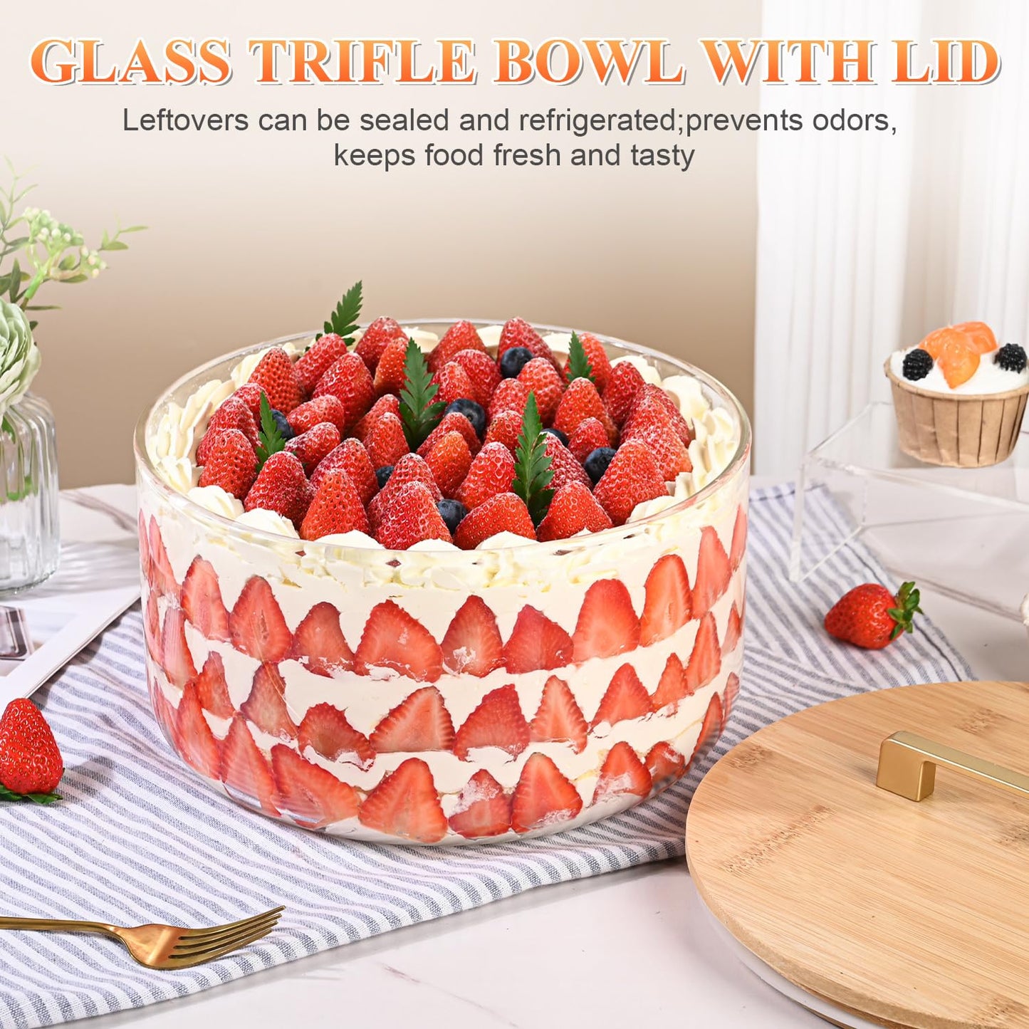 LOVYANXUE 10 inch Large Salad Bowl, Glass Trifle Bowl with Lid, 197 oz Versatile Mixing and Serving Bowl for Laying Ice Cream, Cake, Salad, Fruit, Baking, Dessert and Party DIY, Microwave Safe