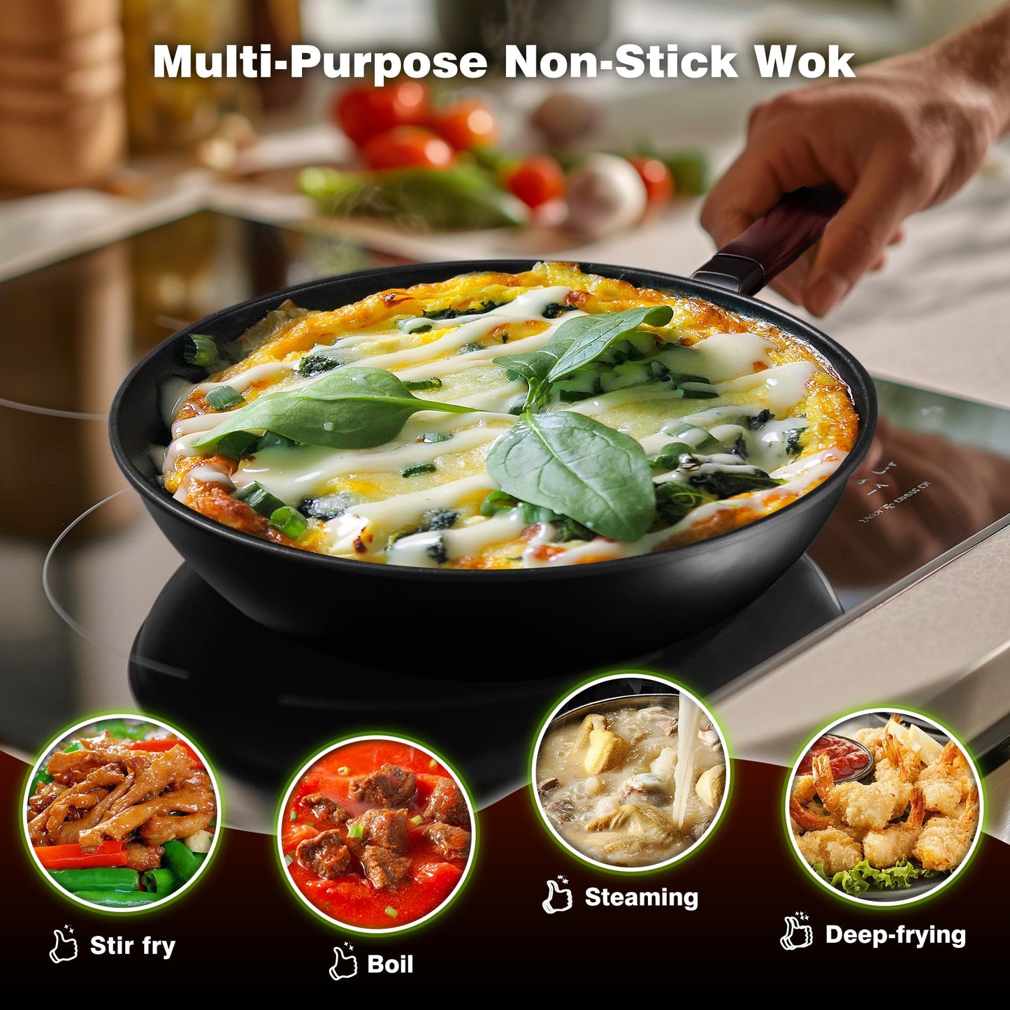 Teewe Carbon Steel Wok -13 Inch Woks & Stir-Fry Pans Nonstick, Wok Pan with Lid Spatula and Dish Brush: Pre-Seasoned Flat Bottom Chinese Wok for Induction, Electric, Gas, All Stoves