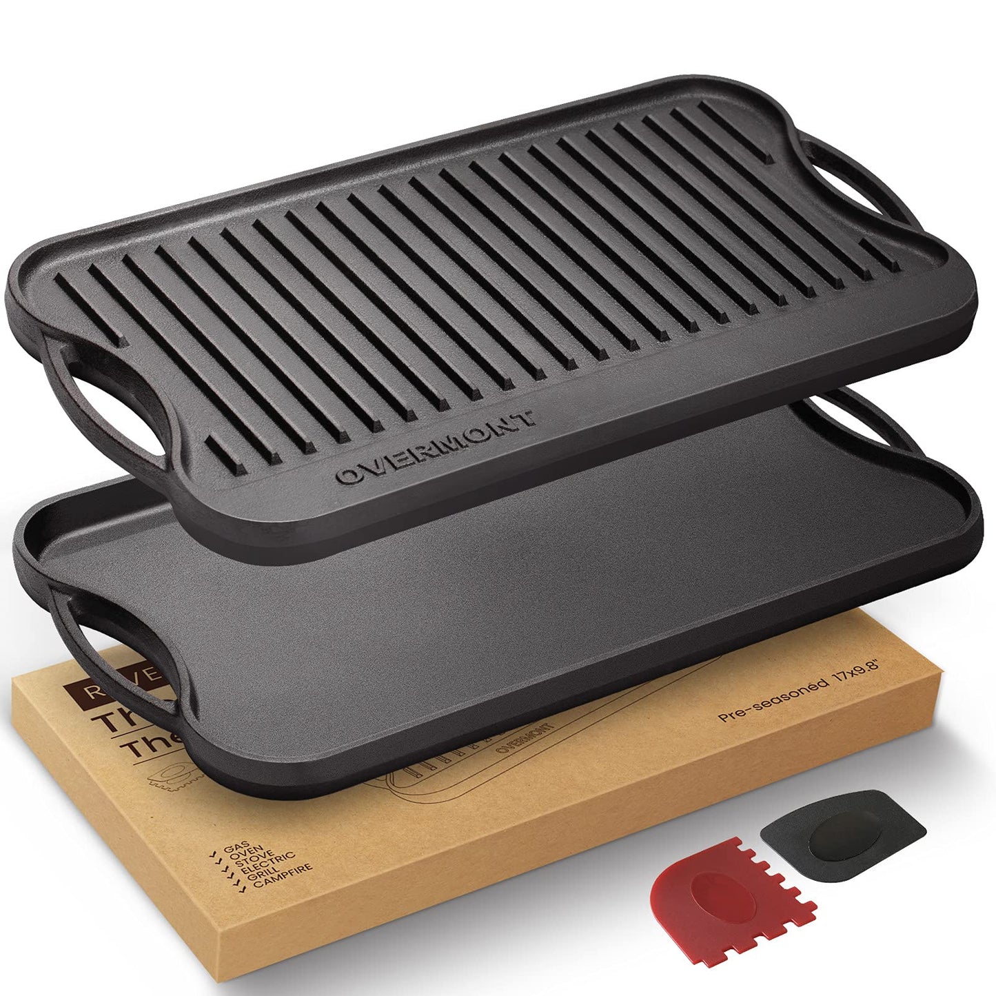 Overmont Reversible Grill Pan Cast Iron Pan 17x9.8 Pre-Seasoned Skillet with Handles for Stovetop Open Fire Oven, Scrapers Included