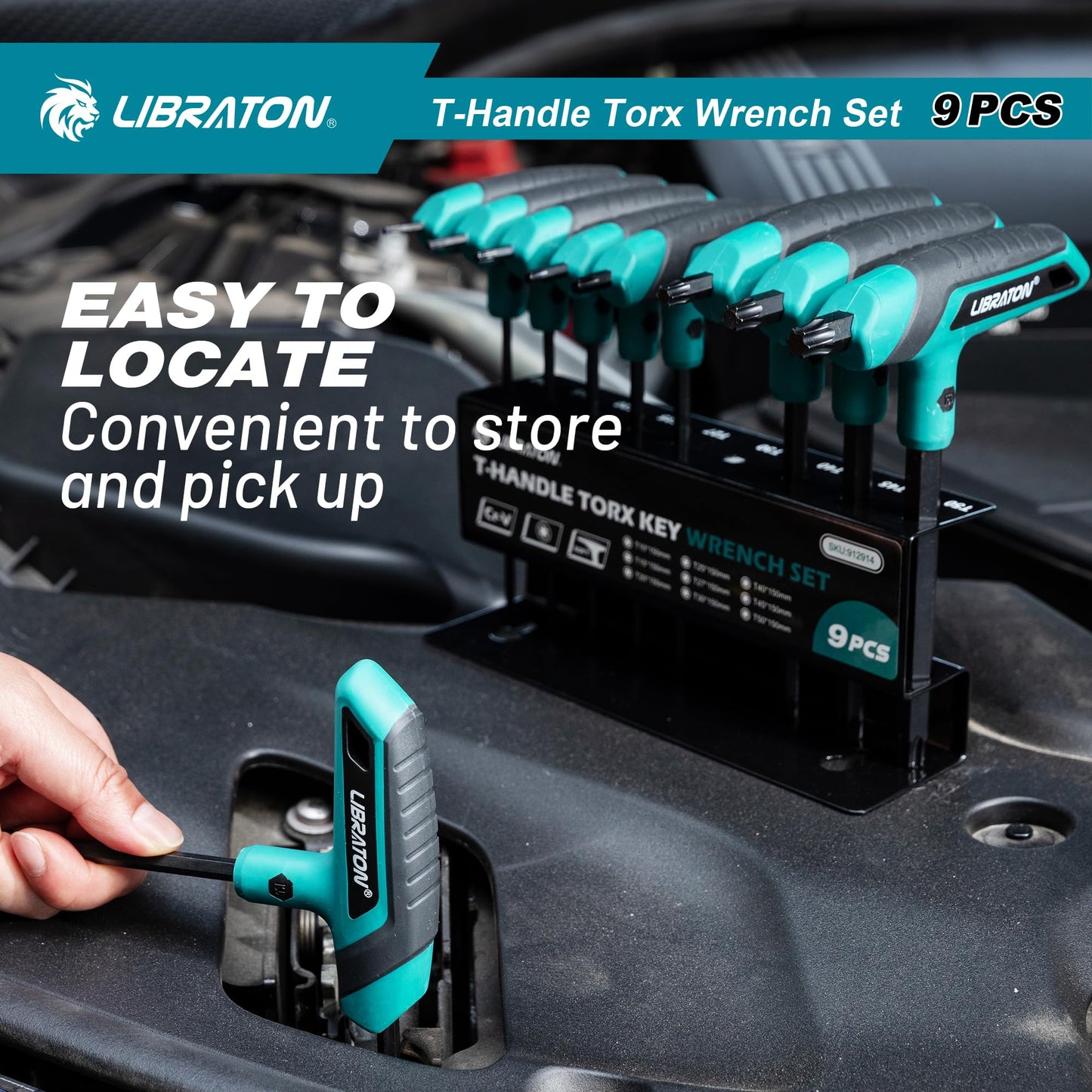 LIBRATON 9PCS T Handle Torx Wrench Set, T10-T50, T-Handle, Two-tip Design, Suitable for Torx Screws, Auto Bike Repair Tool, with Storage Rack