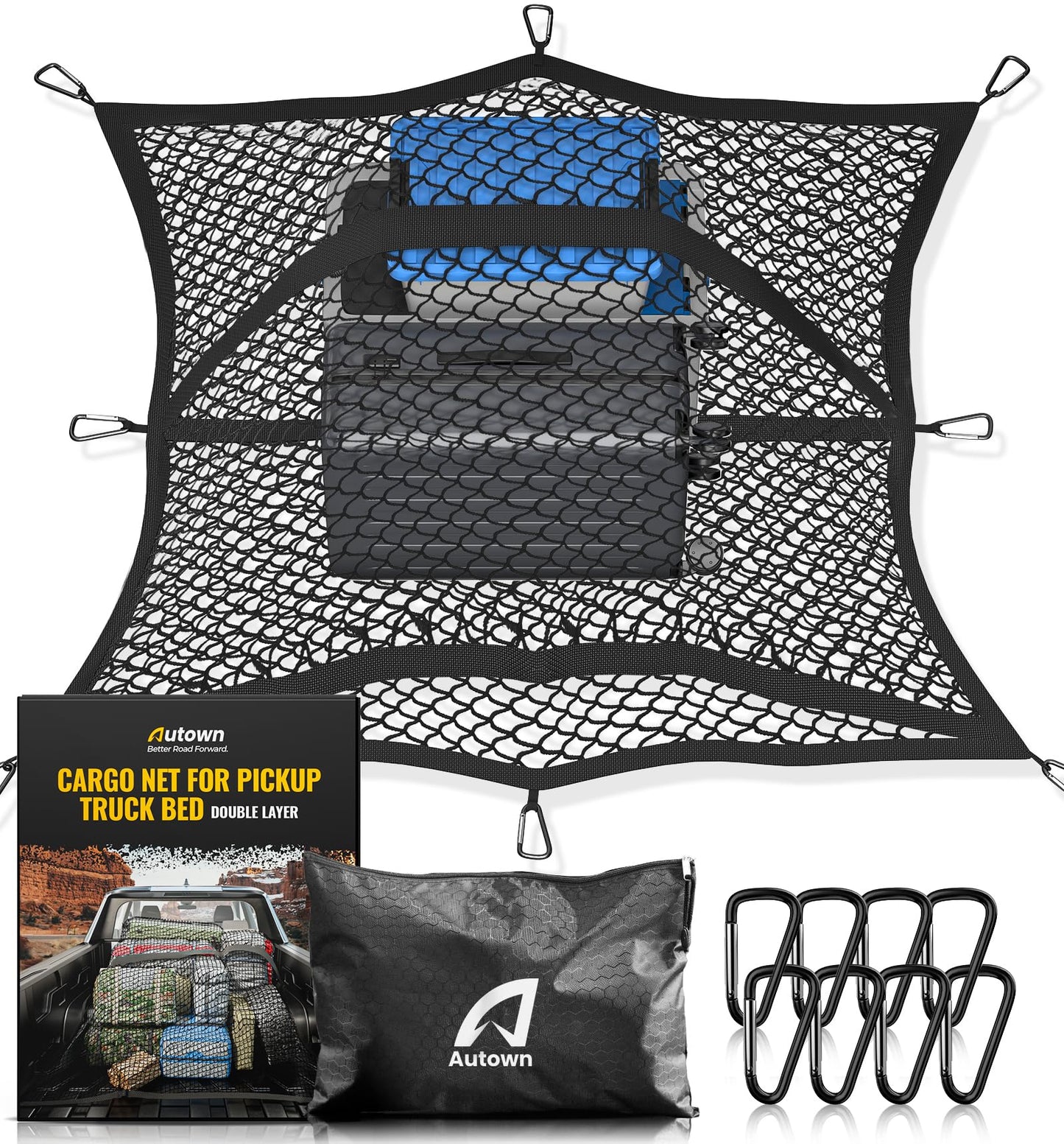 Cargo Net for Pickup Truck Bed - Stretchable 4'x4' to 7'x7', High Elastic Fine Mesh 1''x1'' with 8 Metal Carabiners - Ideal for ATV, SUV, UTV, Truck and Boat Use (Double Layer)