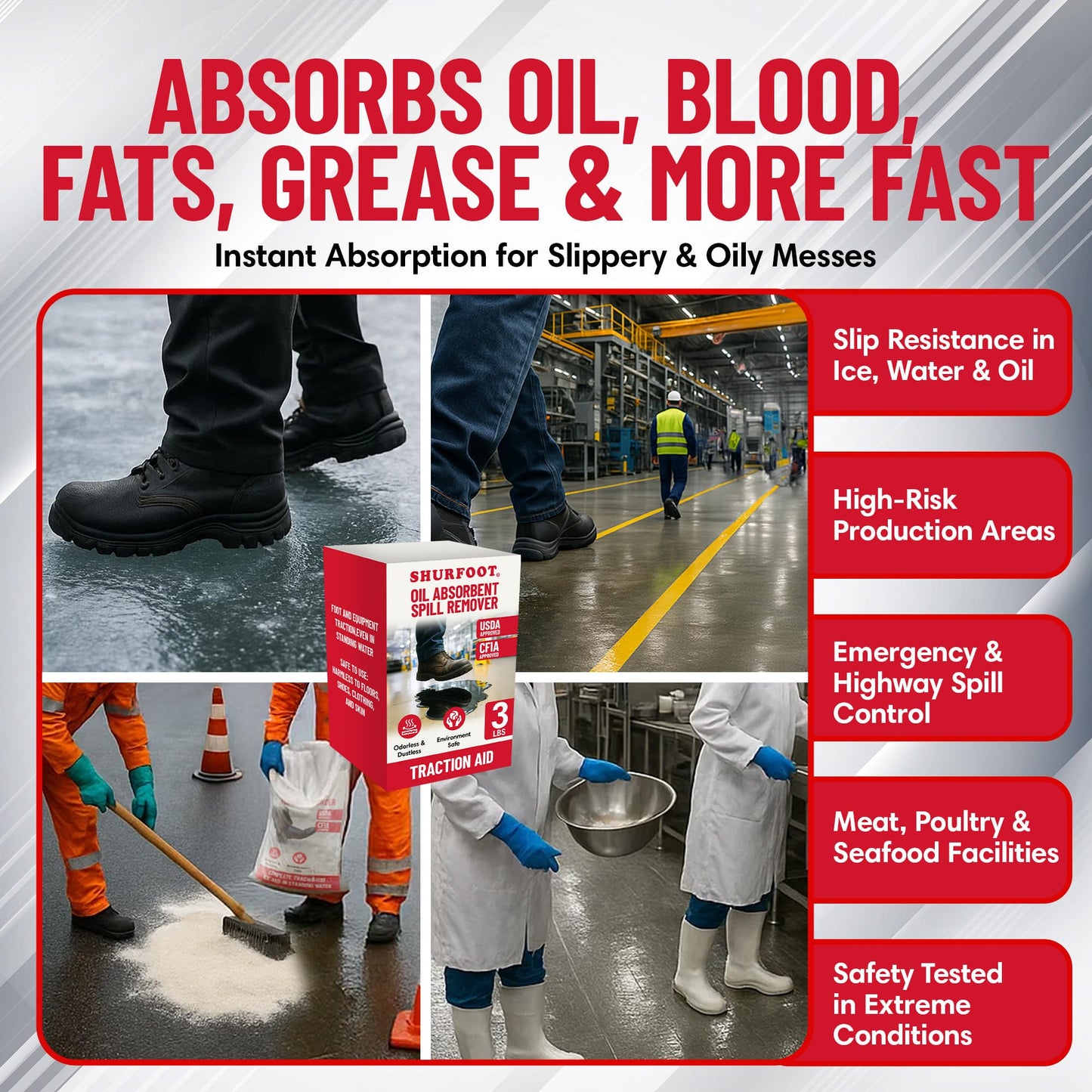 Shurfoot 3lb Non-Slip Oil Absorbent – High-Traction, Vapor-Suppressing Spill Control for Ice, Water & Oils – USDA Approved Floor Dry Absorbent – Odorless, Dustles, Fire-Safe – Ideal for Industrial