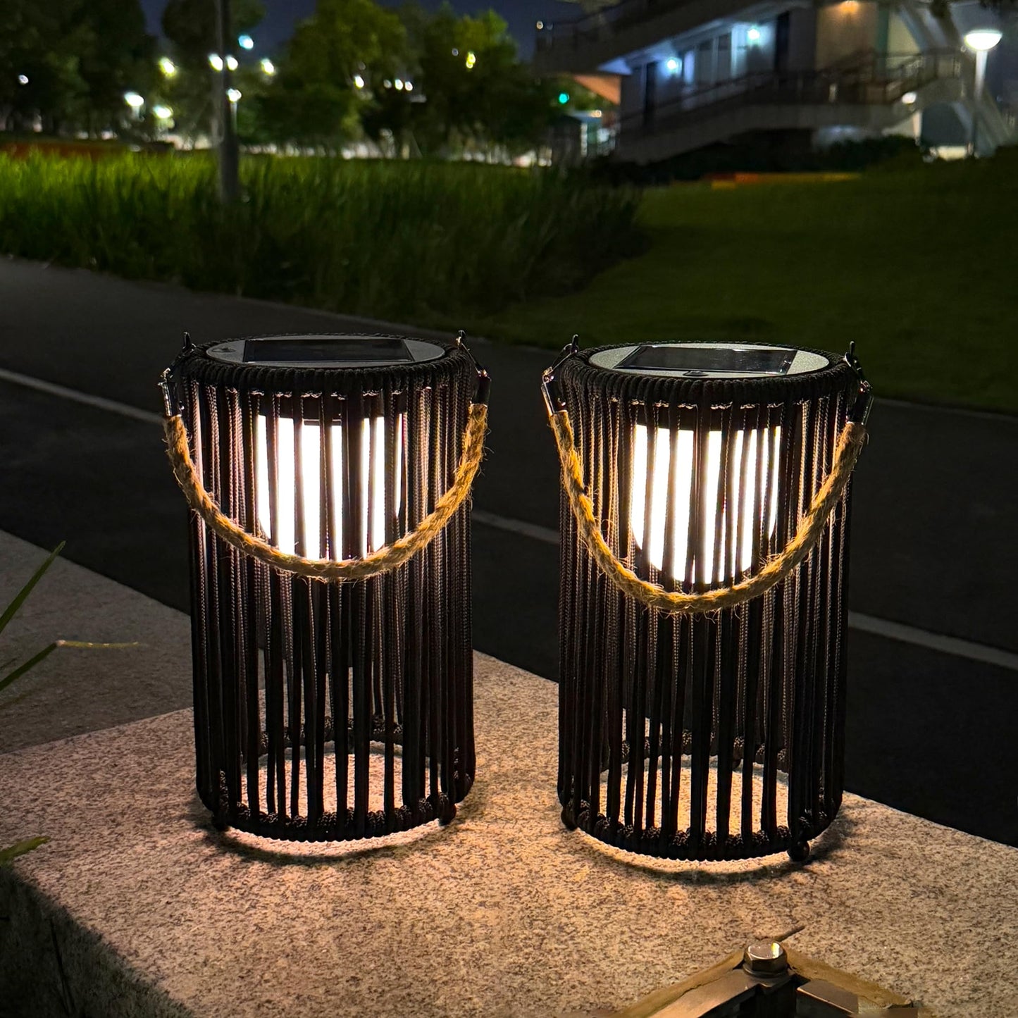 TRIROCKS Set of 2 Solar Lantern Outdoor Table Lamp Outside Hanging Solar Lights with Olifen Rope Waterproof Rattan Outside Deck Light for Patio Garden Lawn Yard (Black)