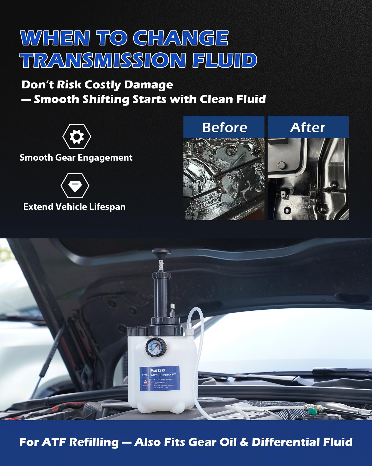 FAITIO 3L Transmission Fluid Transfer Pump w/ 12 ATF Adapters, Automotive Fluid Pressure Pump for Refilling Transmission, Differential and Gear Oil, Manual Car Oil Dispenser Pump