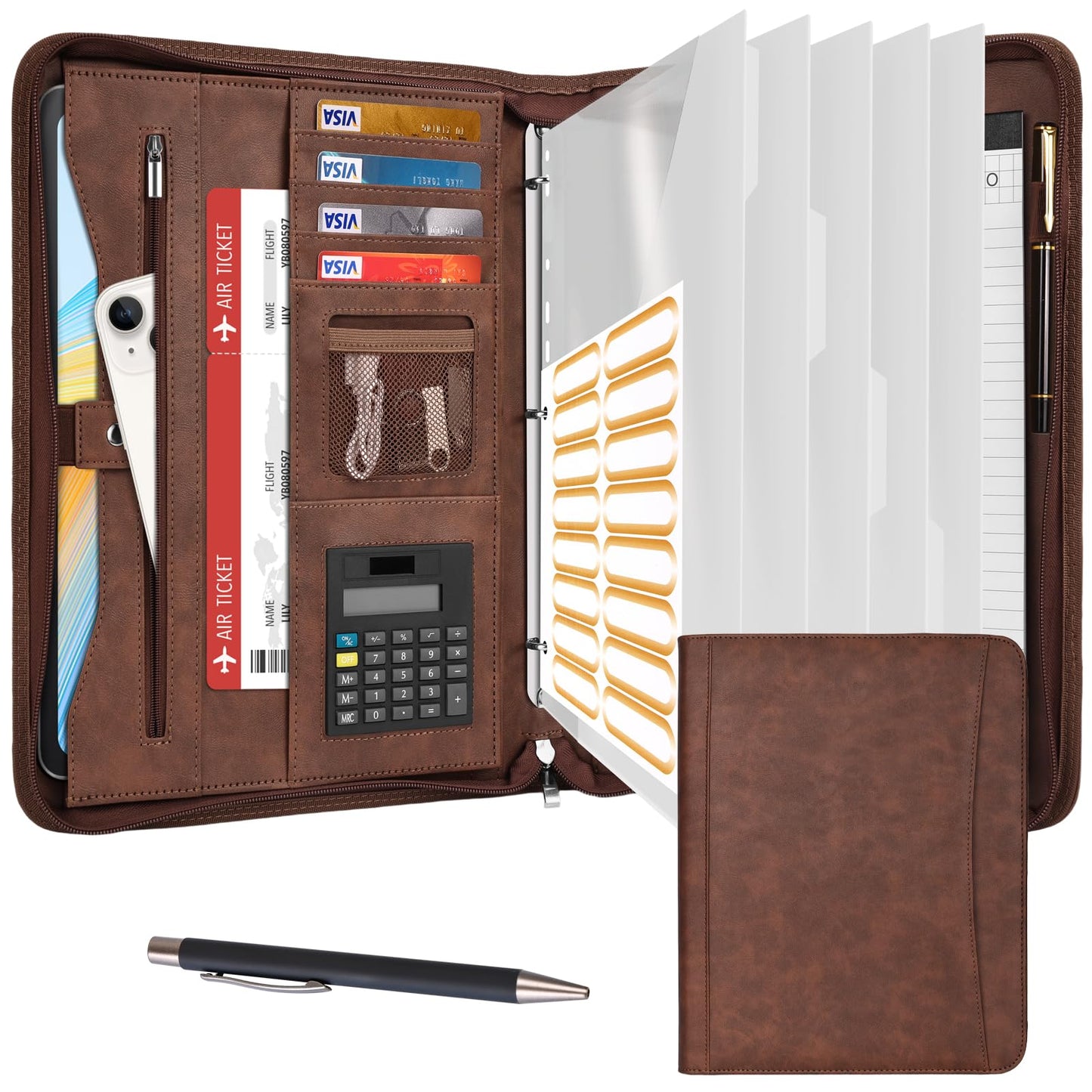Eshow Portfolio Organizer - 3 Ring Binder with Zipper, Vegan Leather Business Padfolio Folder with Notepad Includes 10 Clear Sheet Protectors for Documents Files for Men Women