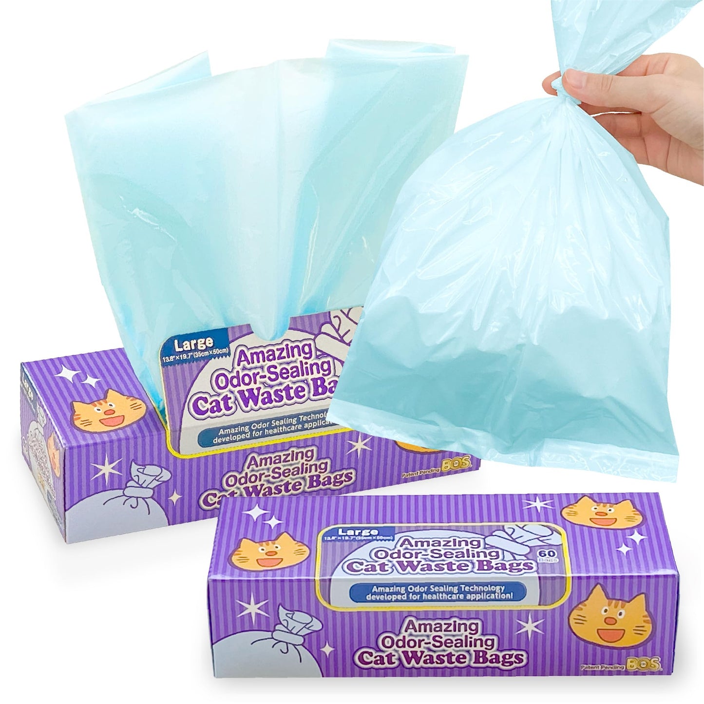 BOS Amazing Odor Sealing Cat Waste Disposal Bags - Durable, Unscented[Size: L, Color: light blue] (60 Count, Pack of 2) (120 Bags) ★NOT a litter box liner