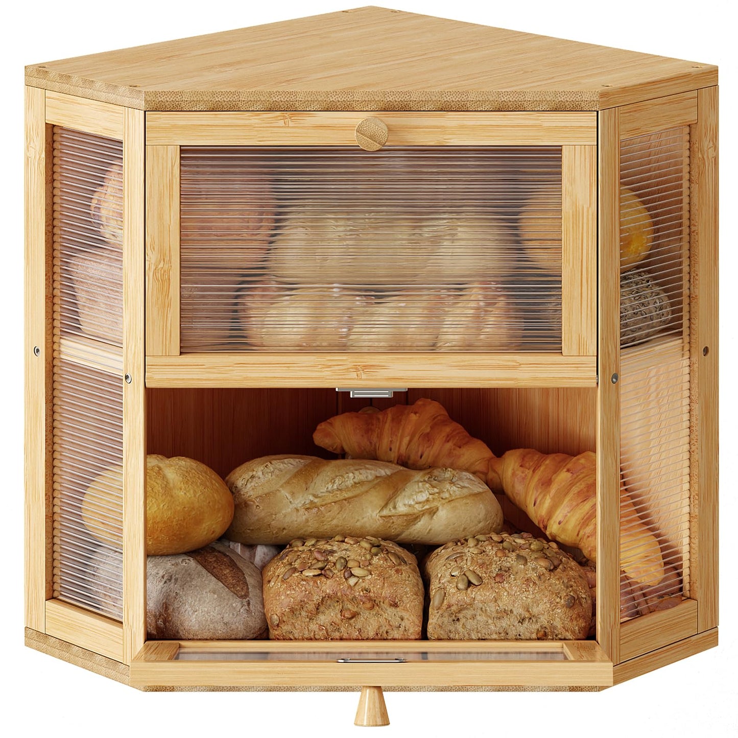 WOWLIVE Corner Bread Box for Kitchen Countertop, Double Layer Bamboo Bread Storage Container, Large Farmhouse Bread box with Acrylic Wavy Door Panel, Under Cabinet Organizer (Natural, Medium)