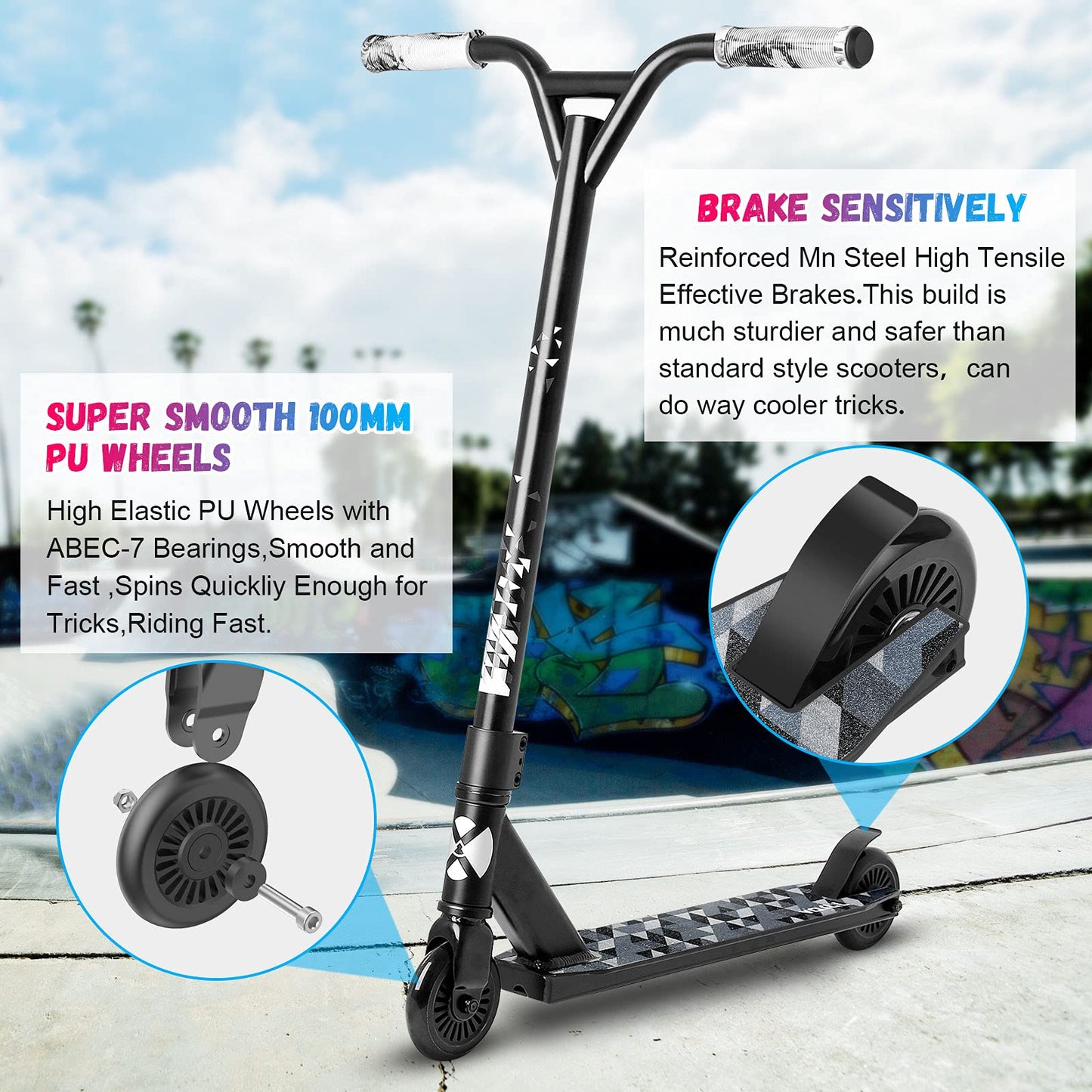VOKUL Pro Trick Scooter for Kids 6 Years Up & Teens - Stylish Entry Level Stunt Freestyle Scooter with Stable Performance for Boys,Girls(New/Black)