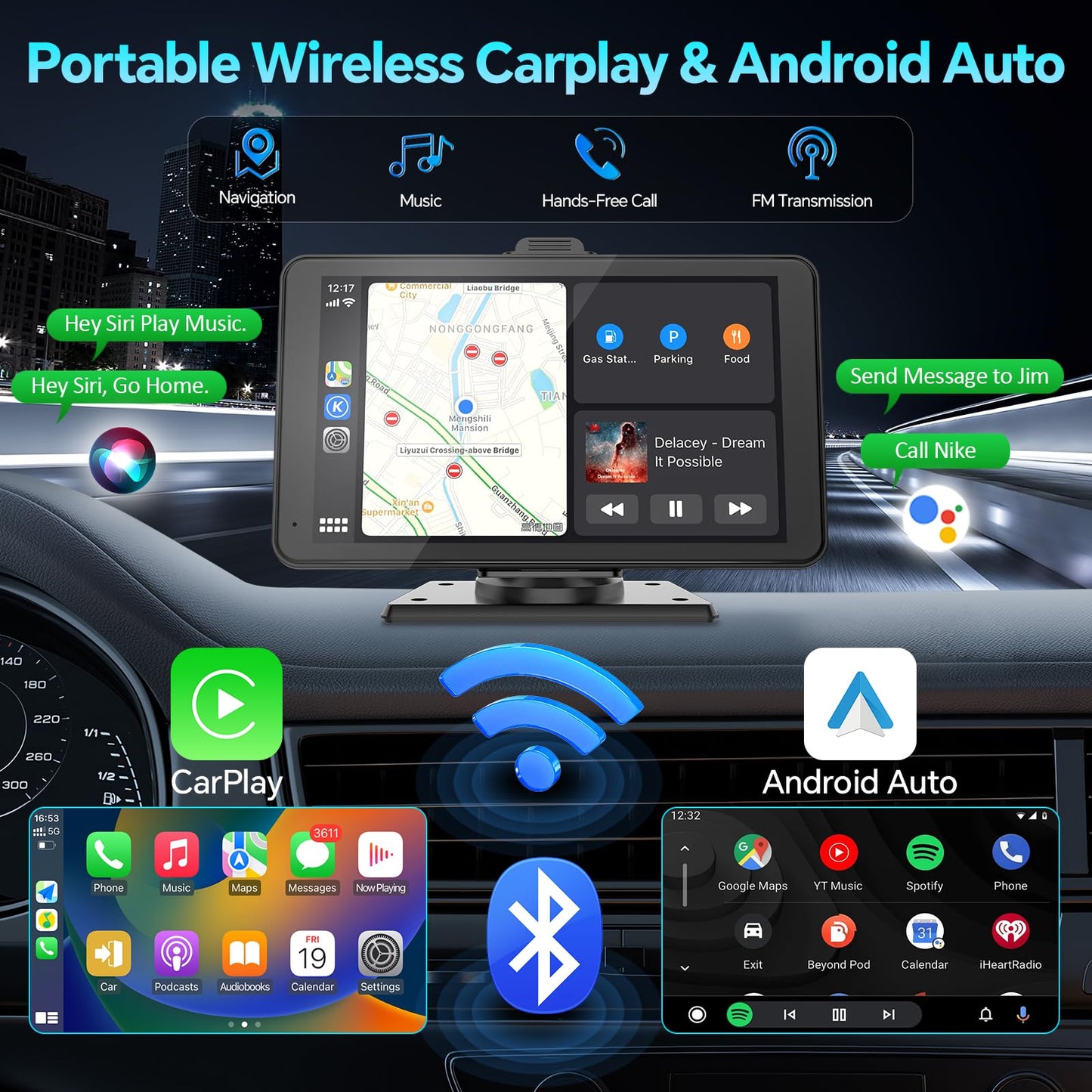 Car Play, Wireless Car Stereo for Apple Carplay, 7"HD Portable Touchscreen Android Auto Carplay Screen for Cars,Audio Receiver/Car Radio with Bluetooth,FM,AUX,Voice Control,Live Navigation,Mirror Link