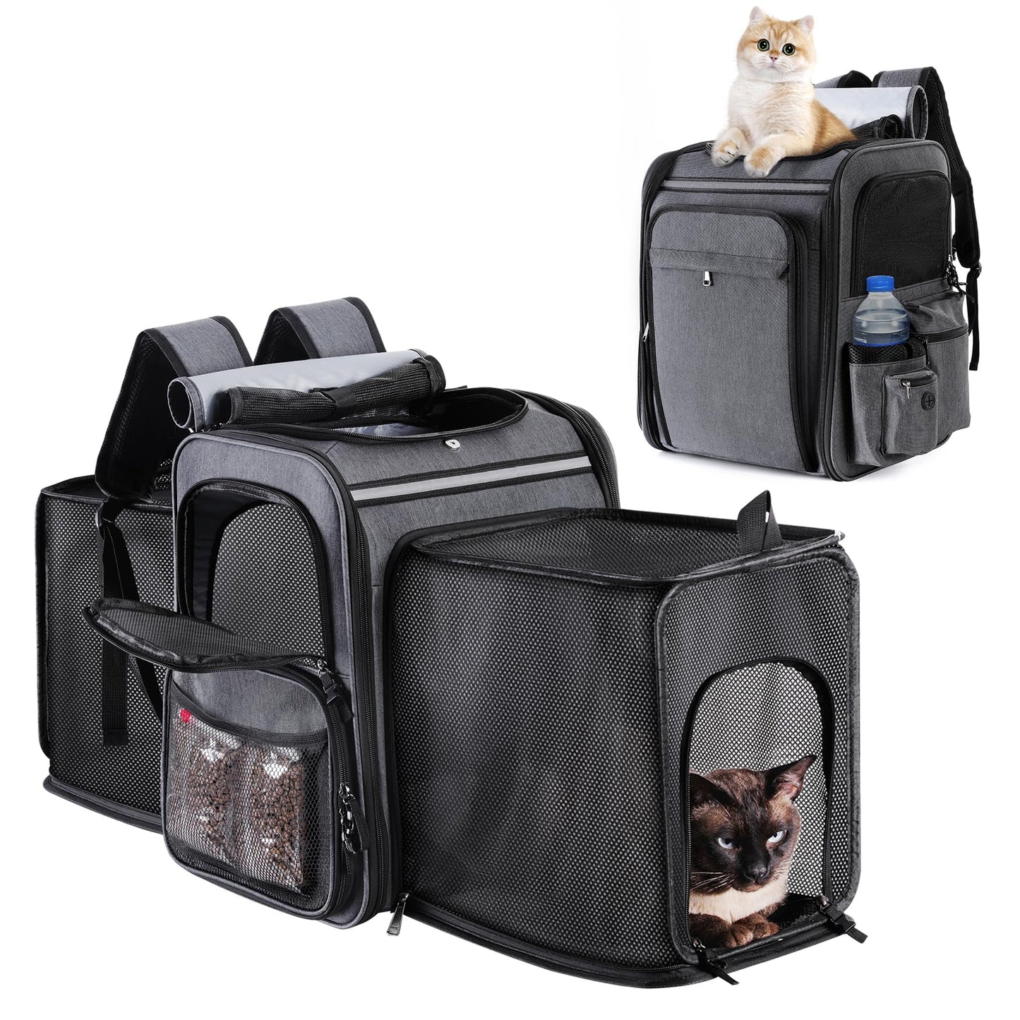 Cat Backpack Carrier,Double Side Expandable Cat Carrier Backpack,Dog Carrier Backpack for Medium Cats and Small Dogs,Puppies Up to 20 Lbs,Pets Carrier Backpack with Breathable Mesh(Grey)