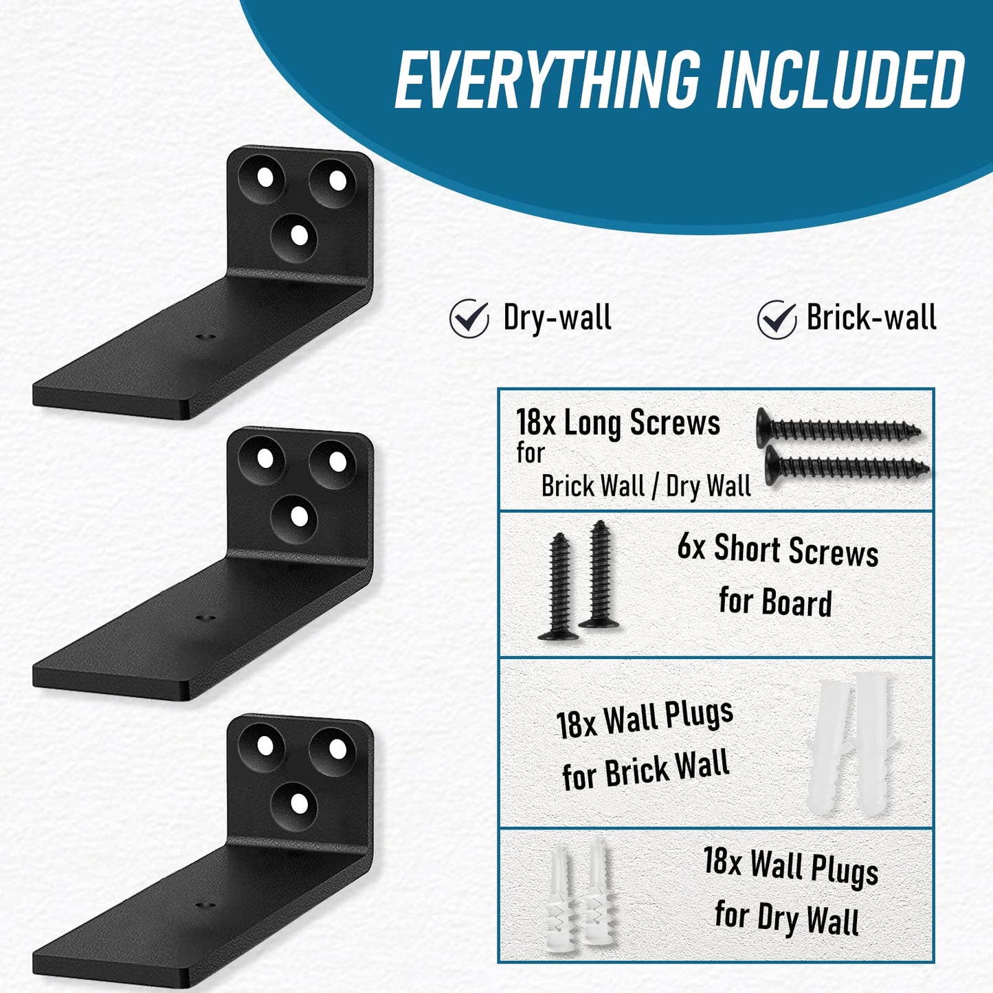 Floating Shelf Brackets 5 Inch, Heavy Duty L Bracket Corner Brace Support- Holds 150+lb, Wall Mounted Industrial Metal Brackets for Shelves | Screws and Wall Plugs Included (6 PCS)