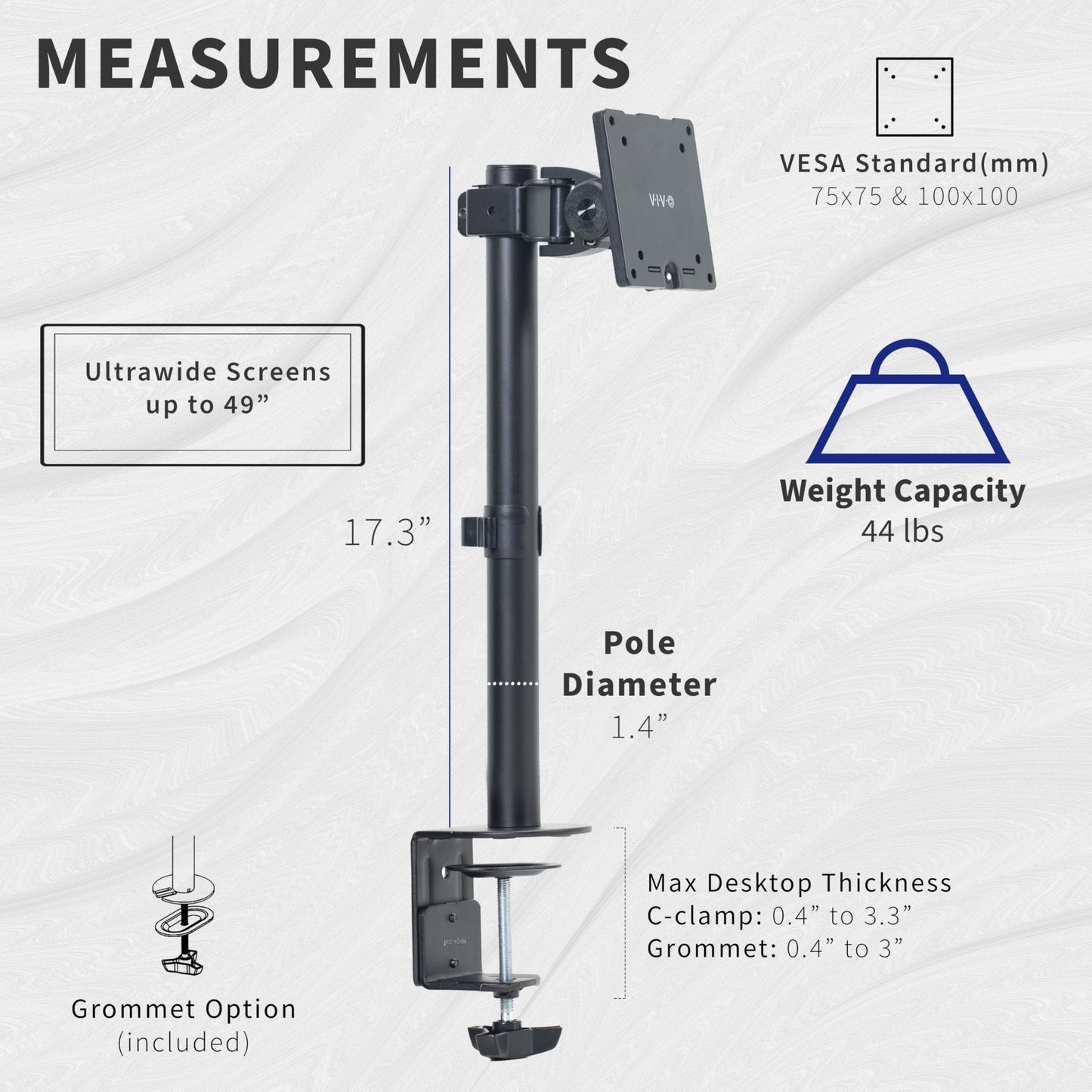 VIVO Clamp-on Single Ultra Wide Monitor Desk Mount, Low Profile Heavy Duty Adjustable Stand for 1 Ultrawide Screen up to 49 inches, 20kg Capacity, Black, STAND-V100C
