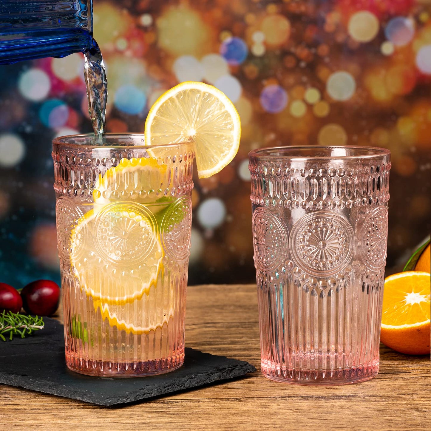 megarte Vintage Drinking Glasses Set - 12 Piece Textured Embossed Glassware 6 Highball Glasses 12 oz & 6 Rocks Glasses 10 oz Romantic Cocktail Cups for Iced Water Juice Tea Beverage Coffee Pink