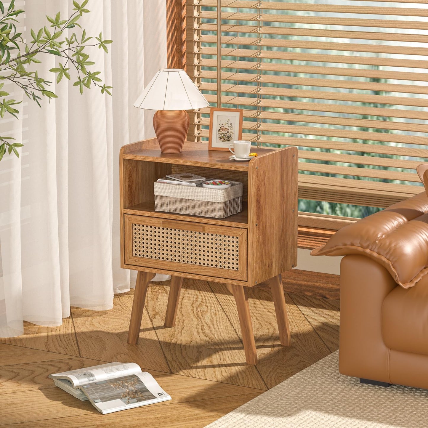 Lerliuo Rattan Nightstand, Boho Side Table with Drawer Open Shelf, Cane Accent Bedside End Table with Solid Wood Legs for Bedroom, Dorm and Small Spaces（Tea Brown）