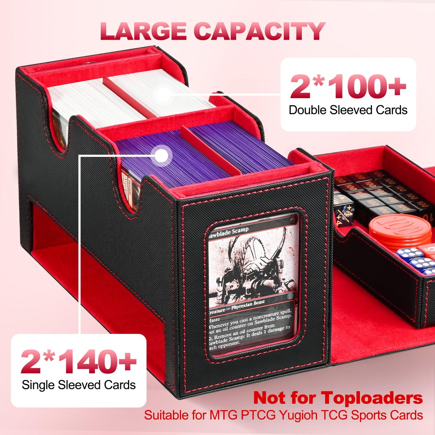 Card Deck Box for MTG, Double Card Storage Box with 2 Commander Display & Dice Tray, Fits 200+ Double Sleeved Cards, Card Organizer for CCG TCG Sports Cards (Black&Red)