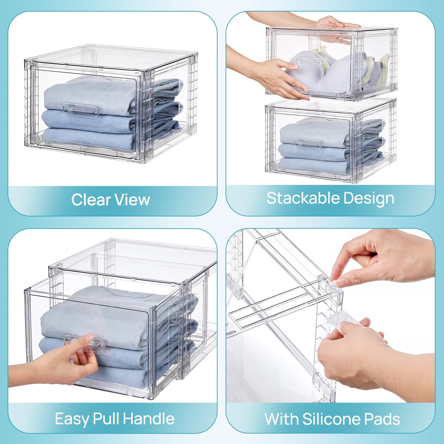 Vtopmart 4 Large Stackable Clear Acrylic Drawer Organizer with Handles, Easy Assembly for Bathroom, Kitchen Cabinet, Closet, Makeup