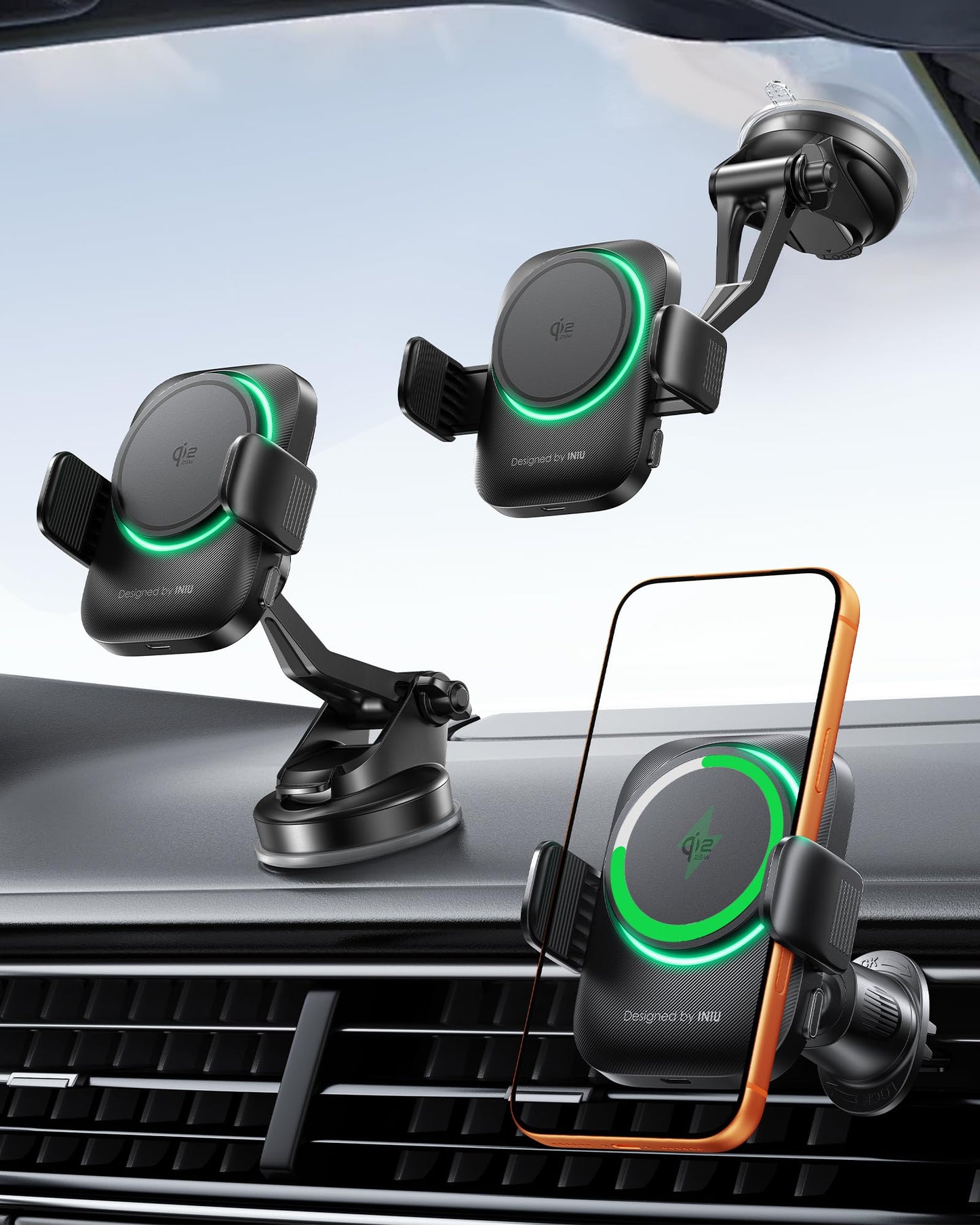 INIU Car Charger for MagSafe, Original Qi2 15W Fast Charging Wireless Car Phone Holder with Magnetic Grip, Air Vent & Dashboard Mount with Strong Clamp, Charger with Cooling Fan for iPhone 17-12 etc