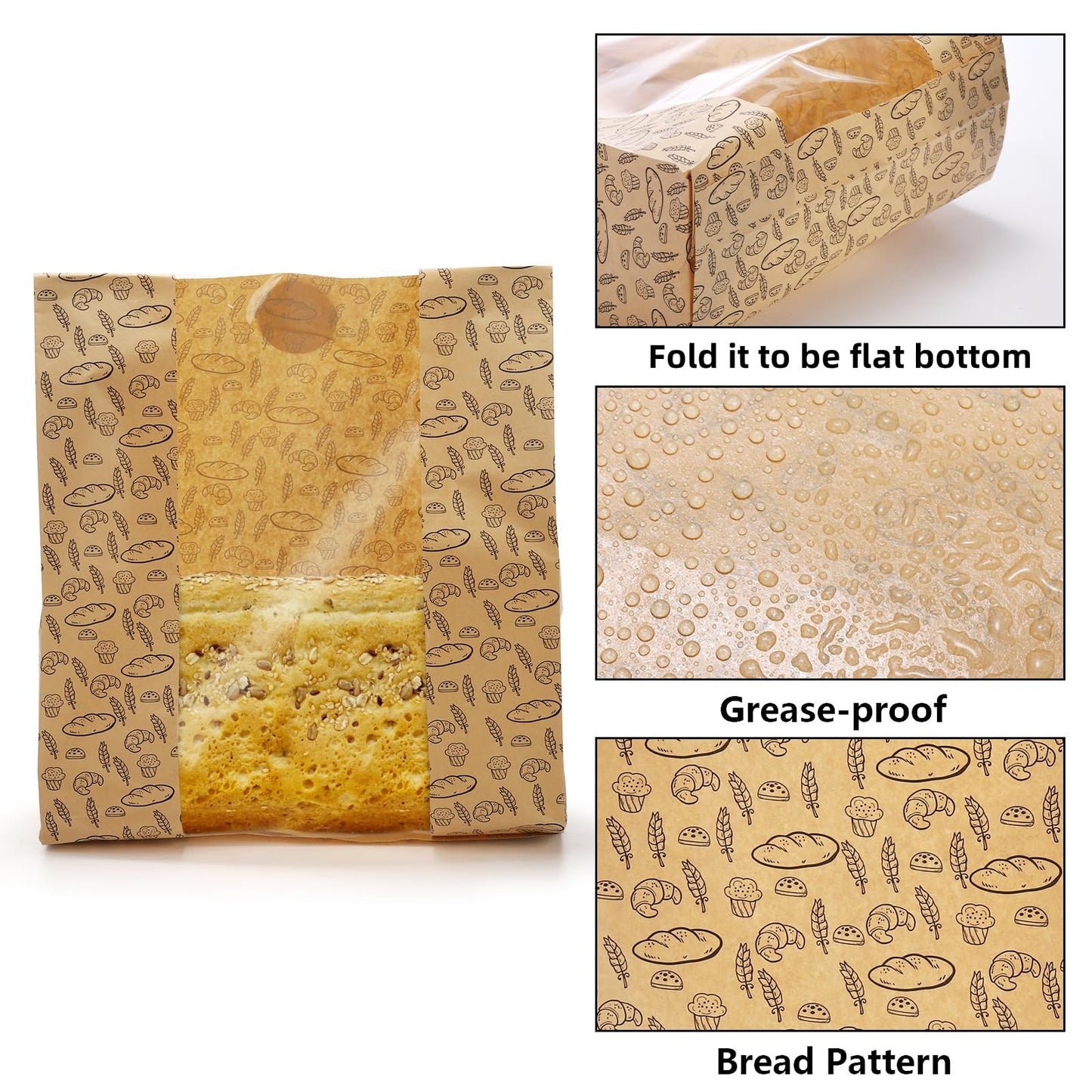 Hacaroa 100 Pack Paper Bread Bags with Clear Window, 10.8"x10"x4" Kraft Bakery Bags with 100 Stickers, Brown Toast Packaging Bags for Homemade Bread, Cookie