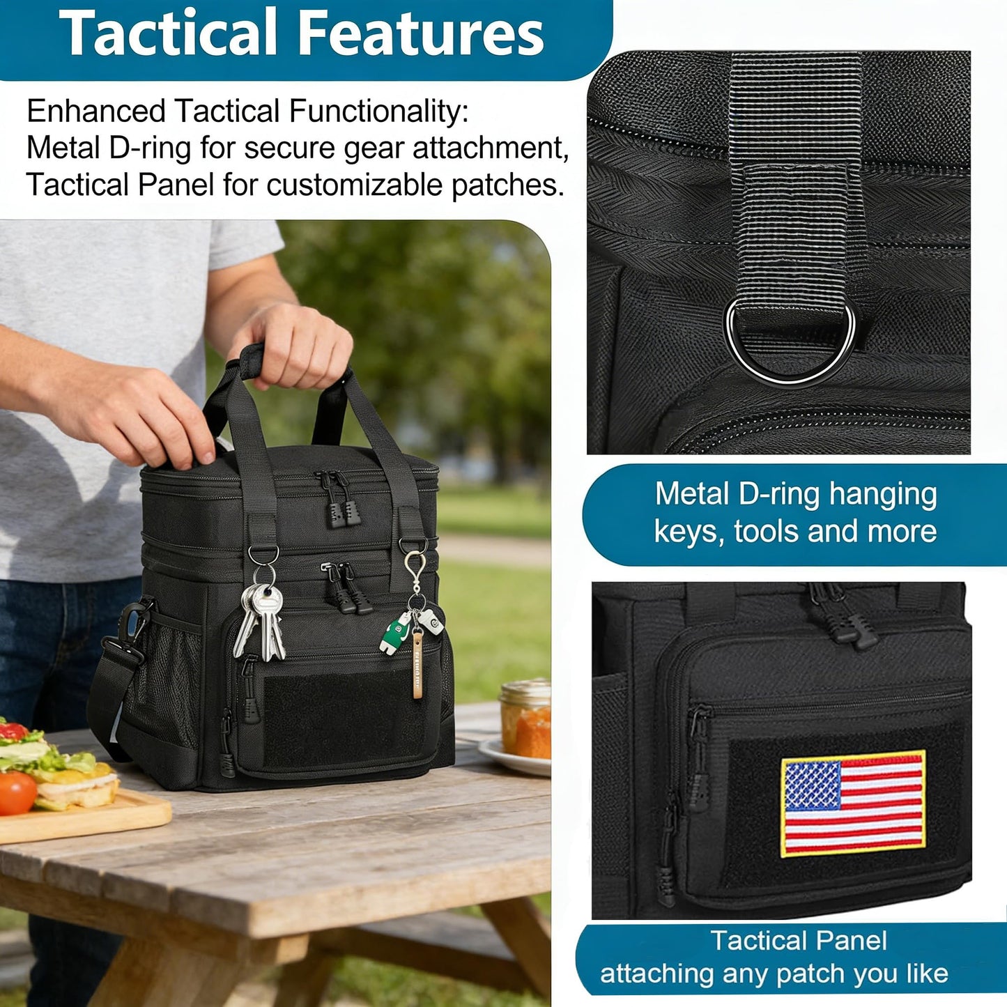 Tactical Lunch Box Cooler Bag - Expandable Insulated Lunch Bag for Men Daily - Large Lunchbox for Adults Work Shifts Outdoor Trips Black 16L