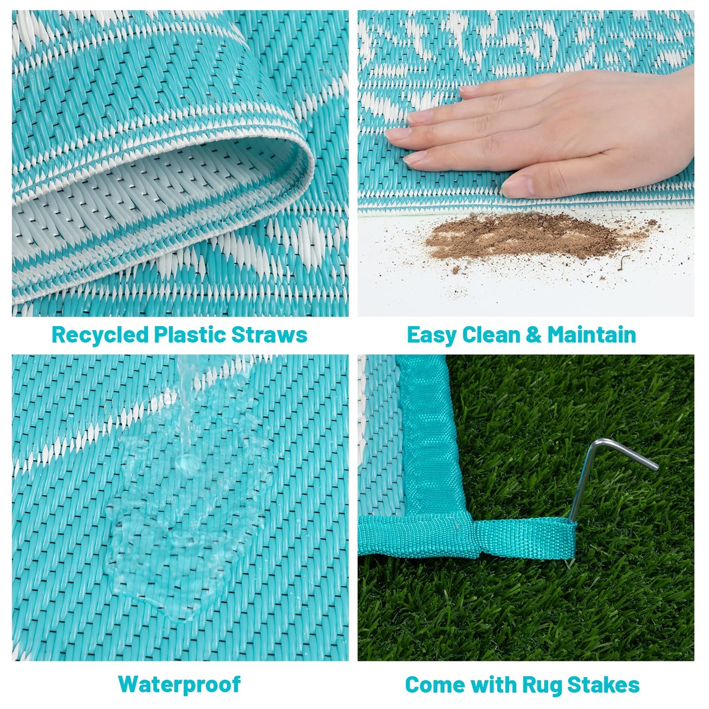 HEBE 8x10 Outdoor Rug Waterproof, Reversible Outdoor Area Rug, Portable Plastic Outside Rug Carpet, Geometric RV Camping Rug Mat for Patio Picnic Backyard Deck Balcony Porch Beach Trailer, Teal