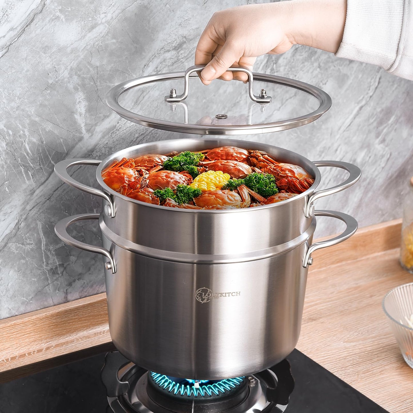 LOLYKITCH Tri-ply Stainless Steel 3 QT Stock Pot with Steamer,Induction Cooking Pot,Pots and Pans,Dishwasher and Oven Safe.