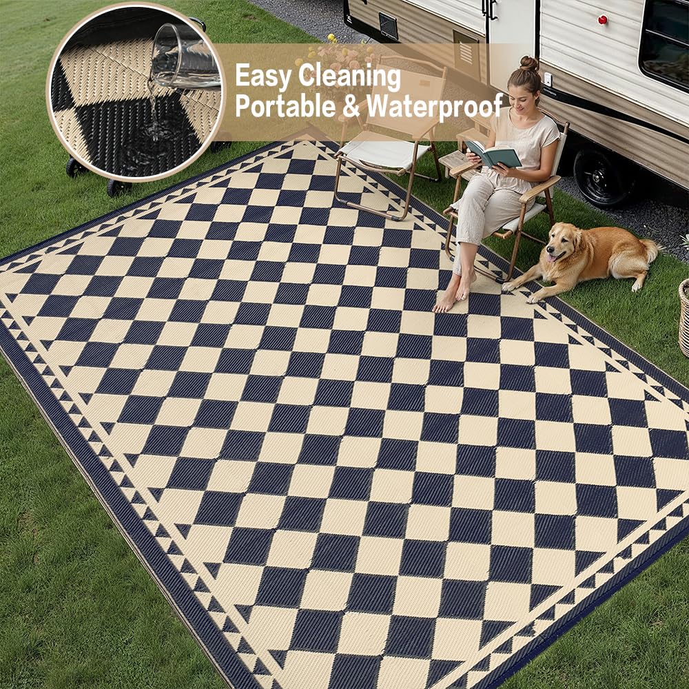 PureCozy Outdoor Carpet 5x8 Patio Waterproof Non Slip Outdoor Rugs Reversible Plastic Straw Portable Boho Checkered Tapis Mat for RV Deck Camping Entryance Porch Picnic Balcony Beach