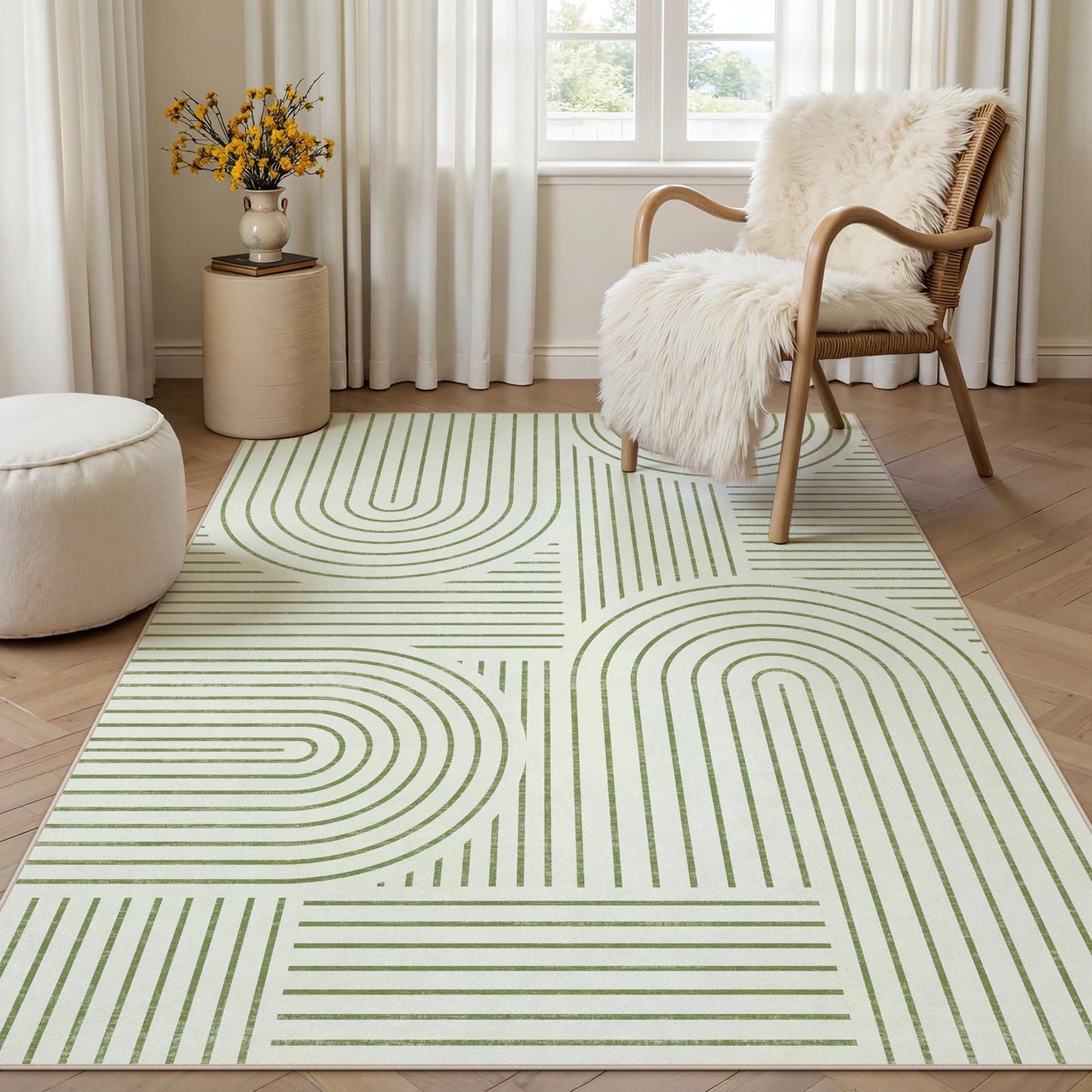 Dadasgk Washable Area Rug 5x7 - Boho Living Room Rug Soft Indoor Carpet Ultra-Thin Sage Green Modern Abstract Rainbow Rugs for Bedroom Dining Room Nursery Classroom Home Decor