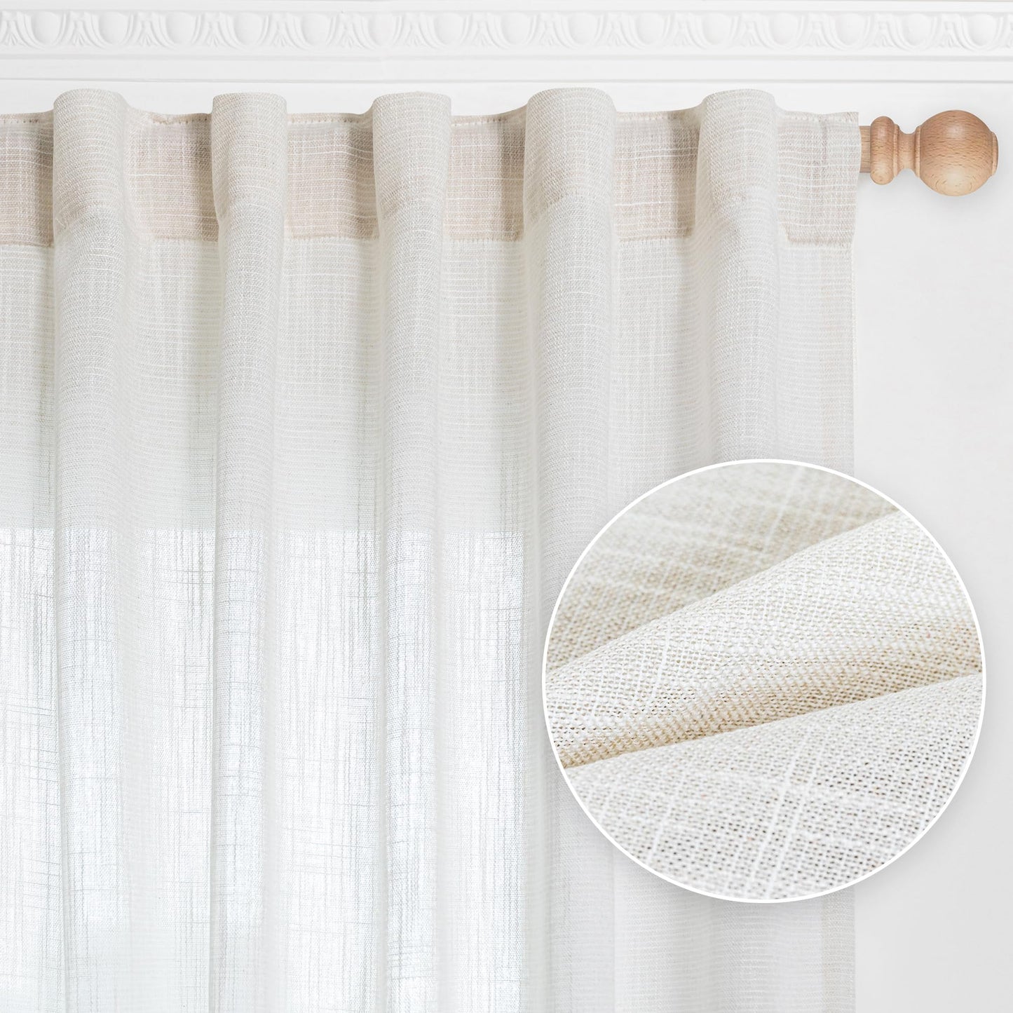 MYSKY HOME Natural Linen White Curtains 84 Inches Long, Semi Sheer Soft Cotton Window Drapes Set for Living Room Back Tab Elegant Cute Look Country Bedroom Curtains, 50" x 84", Beige, 2 Panels