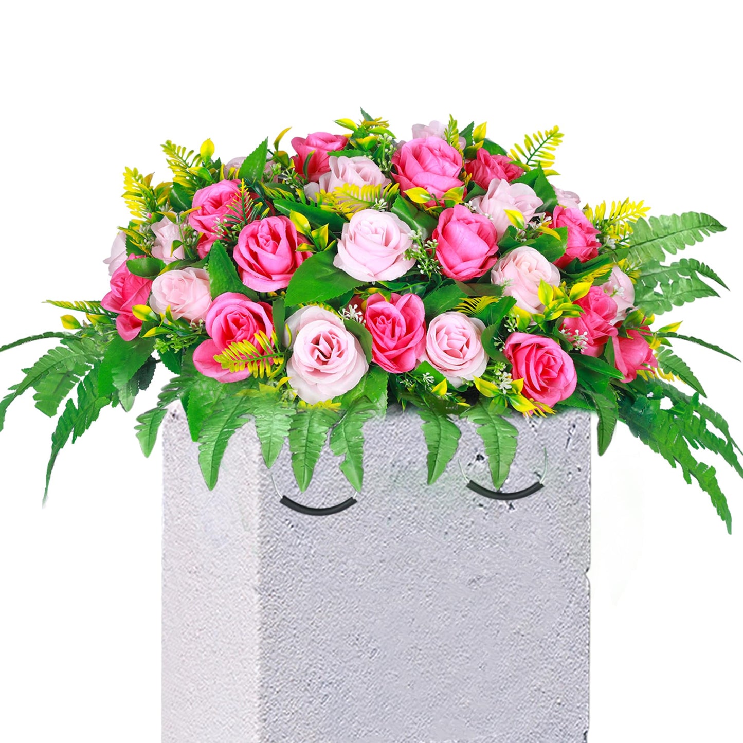 Lodou Artificial Cemetery Flowers, Artificial Silk Flower Arrangement,Artificial Rose Bouquet Grave Memorial Flowers with Headstone Flower Saddle for Graveyard Headstones Decoration (1, Pink and red)