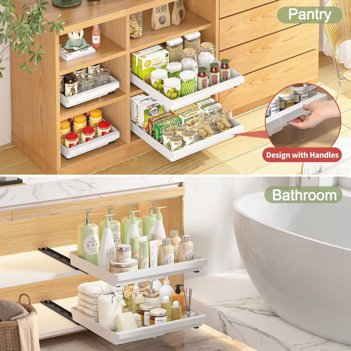 DOMNIU 2 Pack Pull Out Cabinet Organizers Expandable, Plastic Slide Out Drawers for Kitchen, Bathroom, Pantry, Under Sink Storage, Pull Out Drawers Fixed with Adhesive Nano Film (White, 11.6''-17.5'')