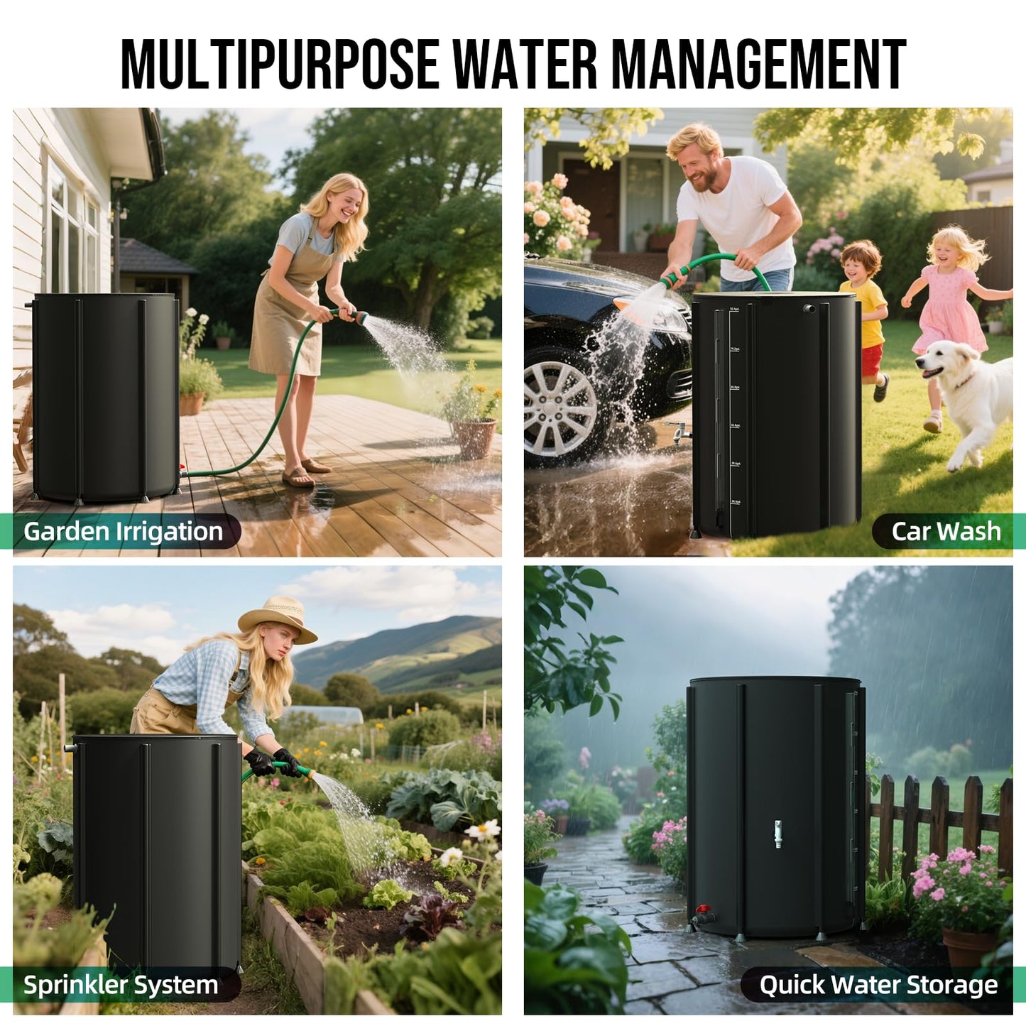 Collapsible Rain Barrel Water Collection System - 100 Gallon Portable Water Storage Tank,Foldable Rainwater Collect System Downspout, Water Catcher Container with Filter, Spigots＆Overflow Kit,Black