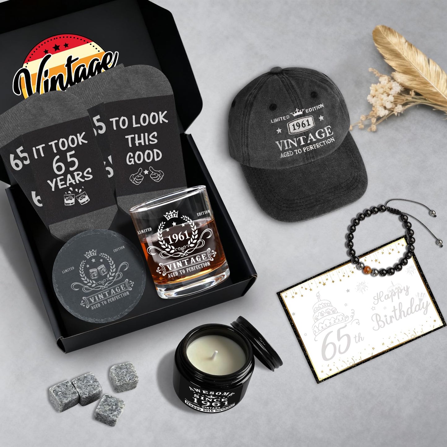 65th Birthday Gifts for Men, Cool 65th Birthday Decorations for Men, 65 Year Old Gifts for Man Who Have Everything, 1961 65th Birthday Gift Baskets for Man Whiskey Glass Baseball Cap Socks Stones