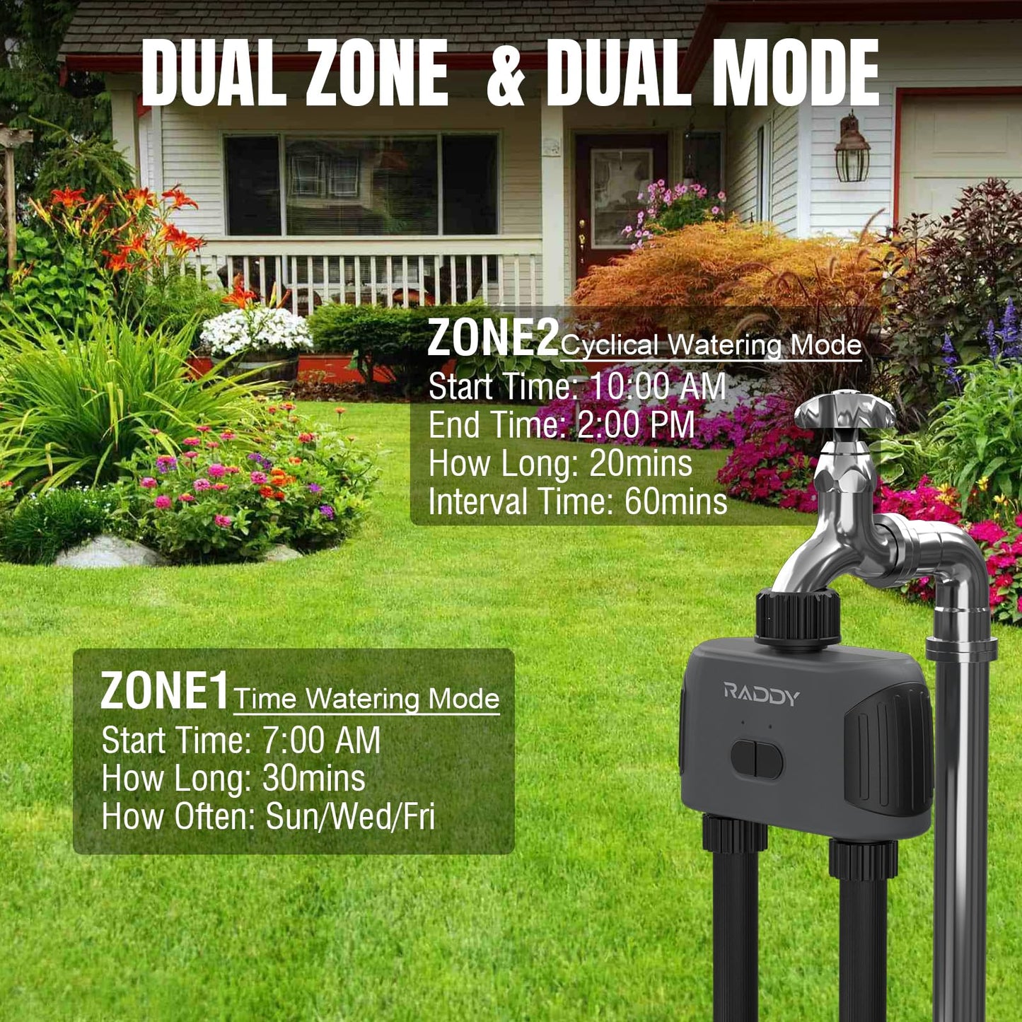 Raddy WS-3 WiFi Sprinkler Timer 2 Zone, IPX5 Water Timer for Garden Hose Faucet, APP Control Automatic Irrigation System with WiFi Hub, Rain Delay for Lawns and Yard