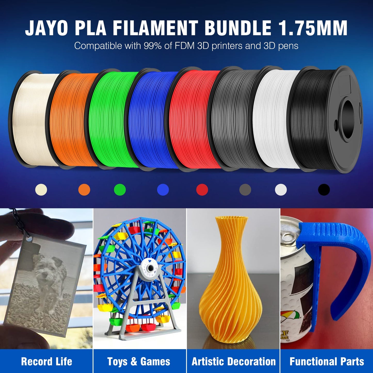 3D Printer Filament Bundle Multicolor, JAYO PLA Filament 1.75mm, Neatly Wound Filament 2kg, 250g Spool, 8 Pack, Black+White+Grey+Transparent+Blue+Red+Orange+Green