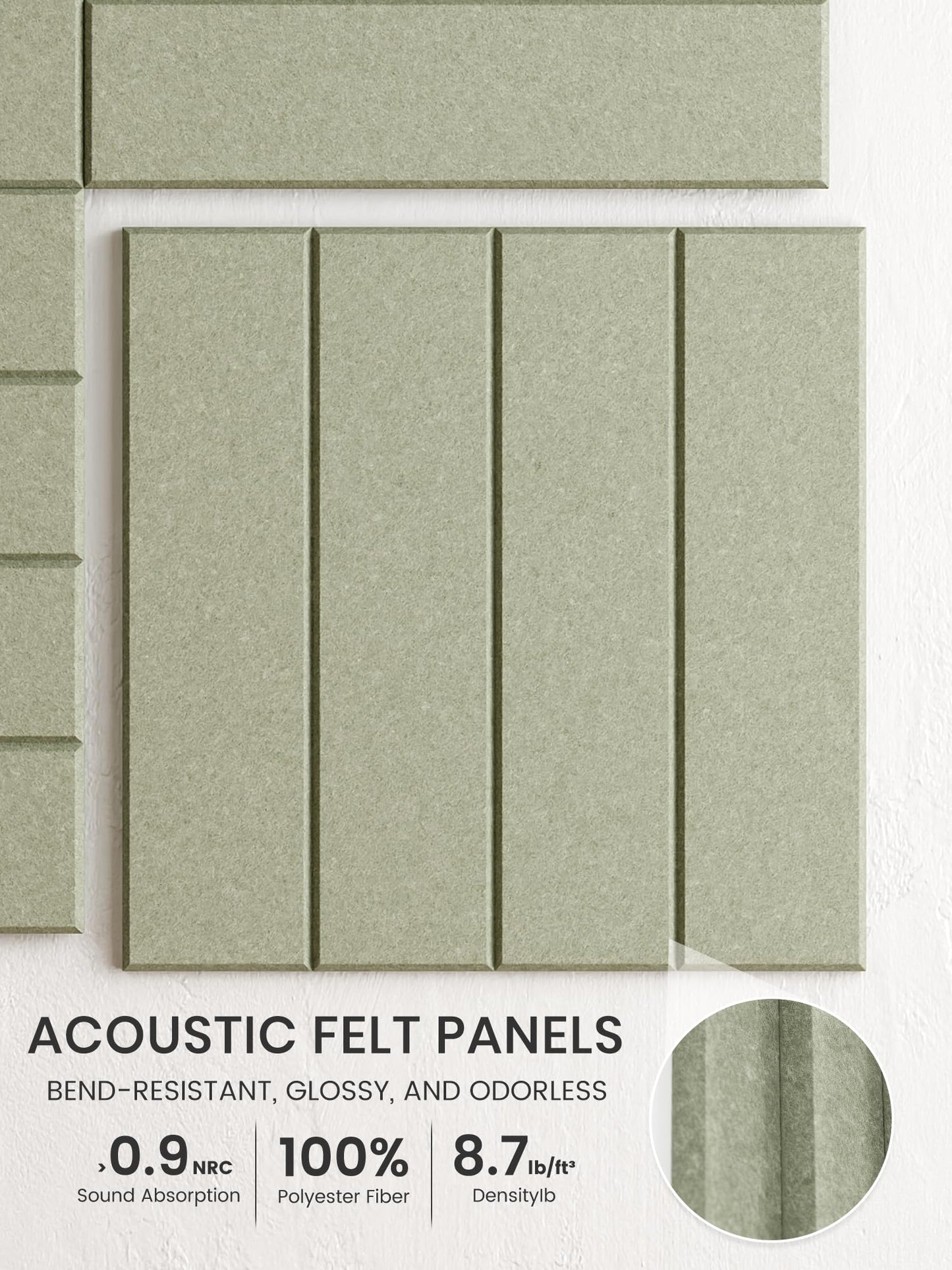 Bumusty Large Felt Bulletin Board, Cork Board Alternative, 6-Pack Bold Stripe Felt Wall Tiles with 30 Push Pins and 40 Adhesive Tabs, Ideal for Office, Home & Classroom, Sage