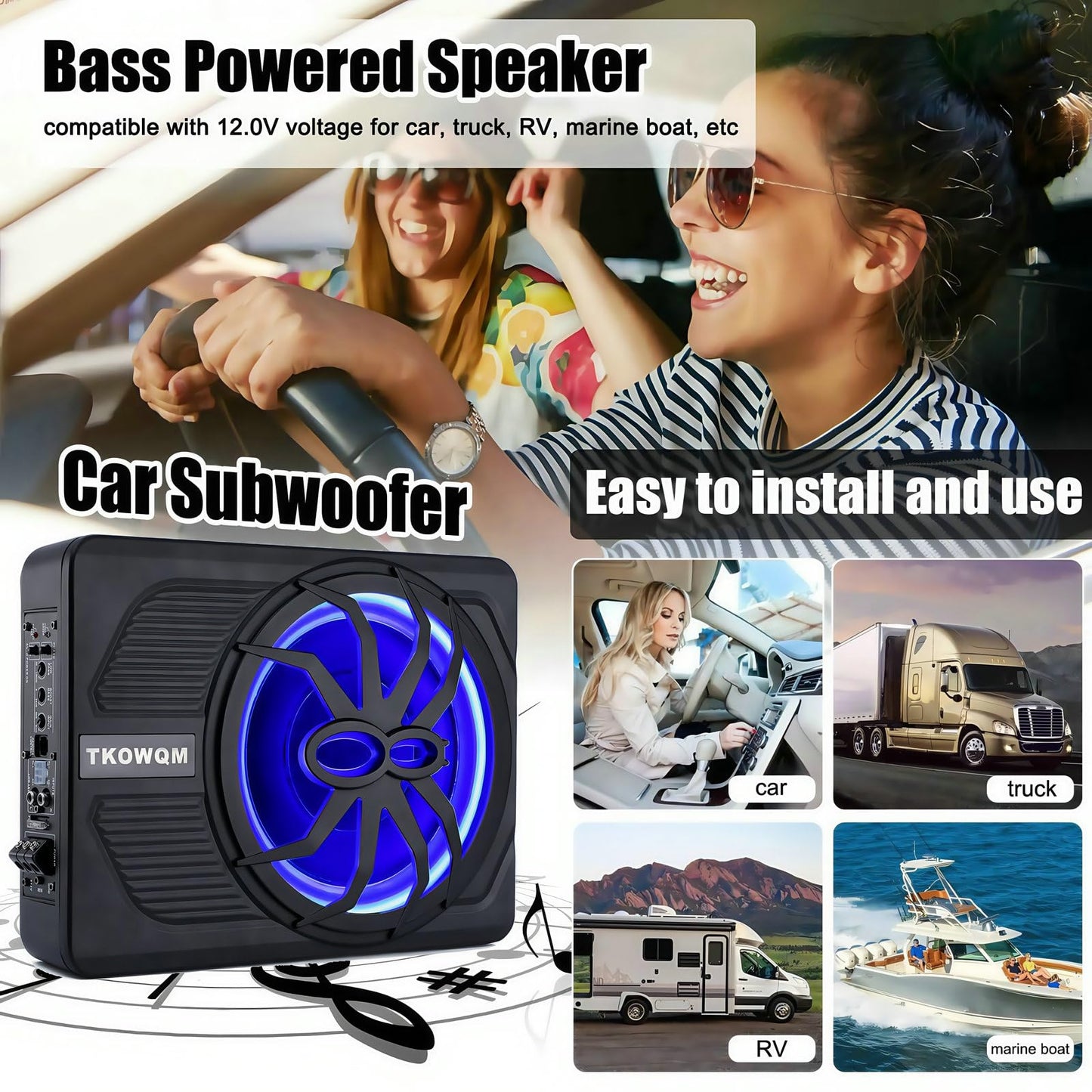 Car Subwoofer 10" 800W Slim Under Seat Powered Car Subwoofer，Car Audio Sub with Blue LED Ambient Light Built in Amplifier for Trucks Cars
