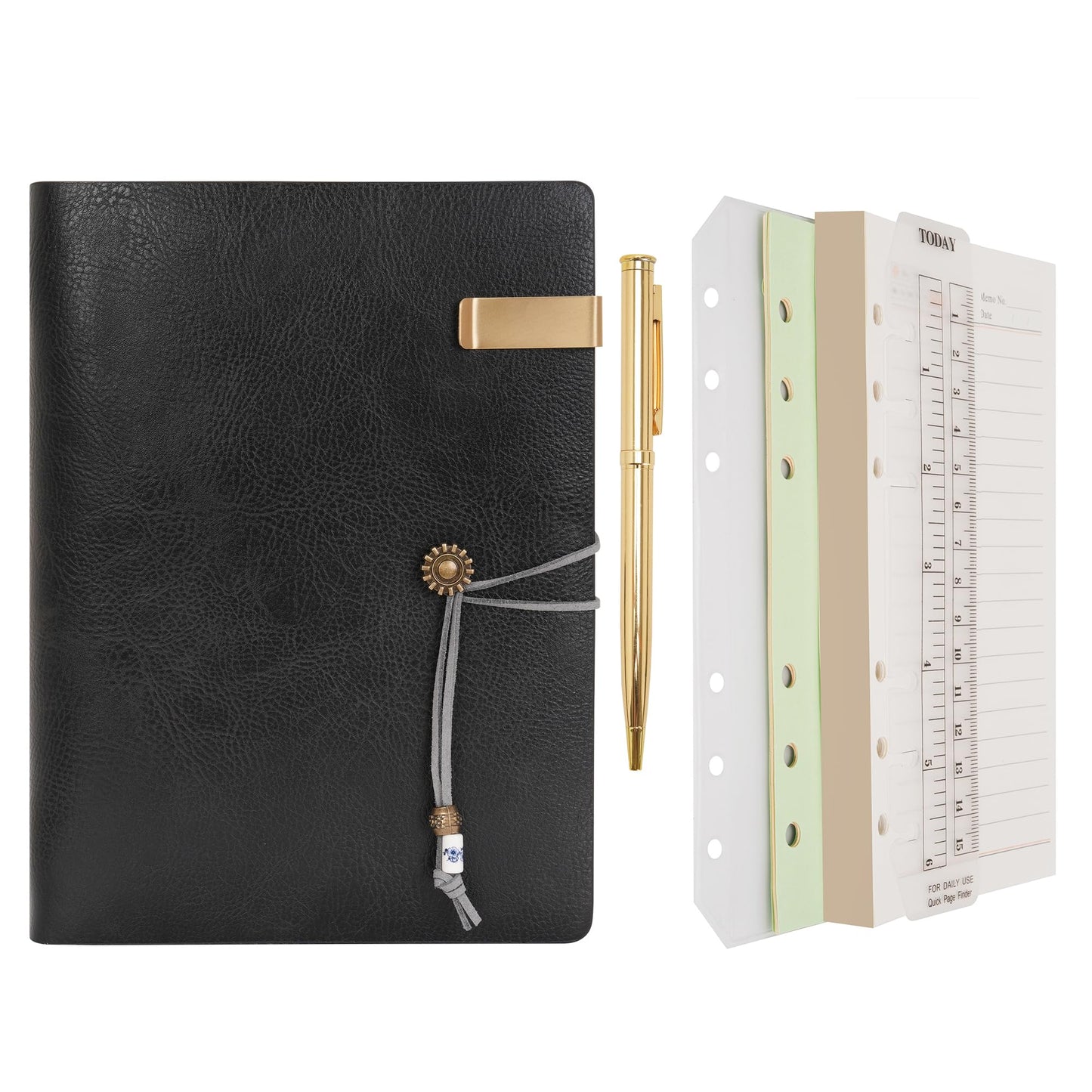 Wonderpool Leather Journal Lined Paper Notebook & Pen - Refillable 6 Ring Binder Writing Spiral Diary with Ruled Notepads Vintage Cover for Office Travel Work and Plan Agenda (a-Black, A5)