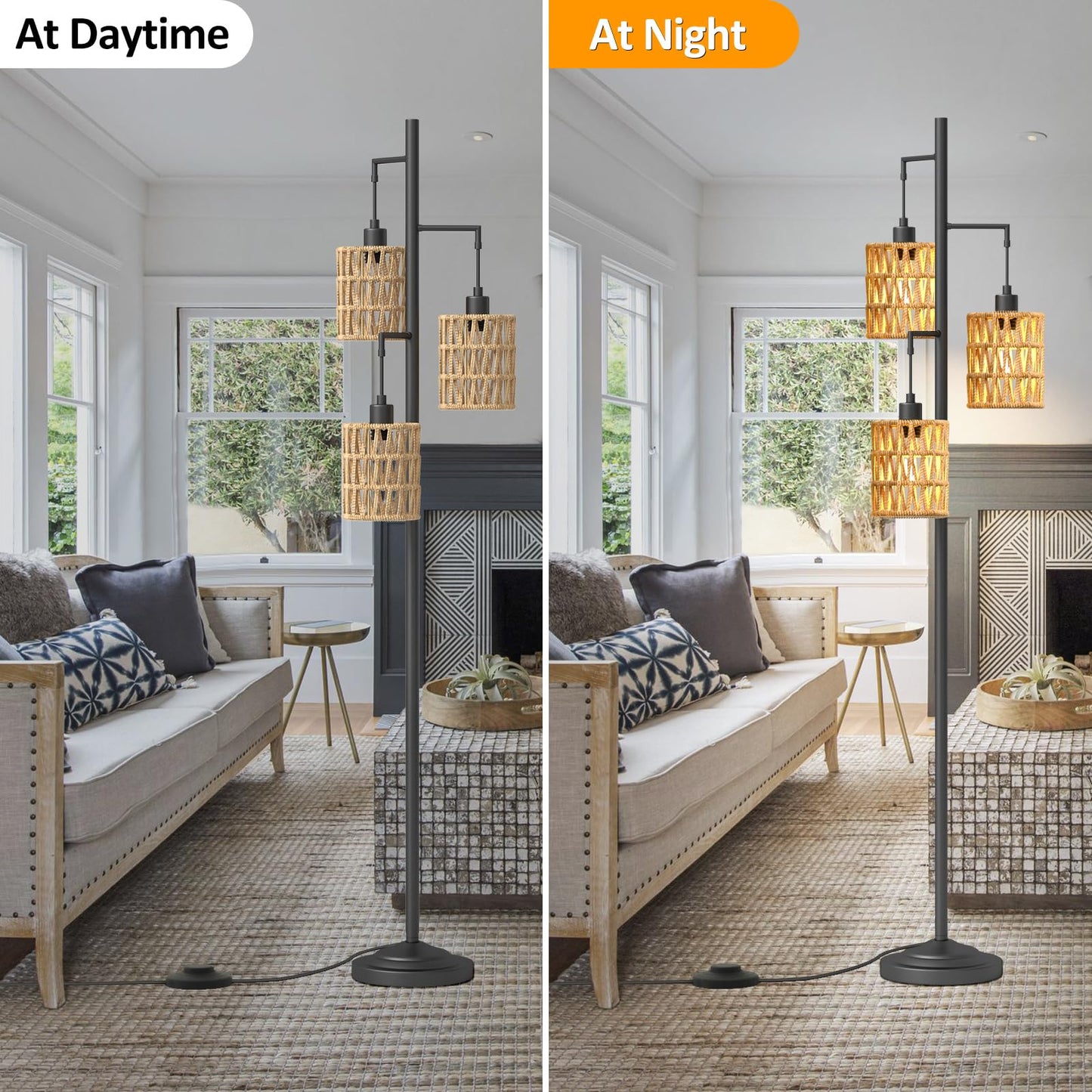 CNXIN 3 Lights Rattan Floor Lamps with ON/Off Foot Switch Tree Standing Lamp with Wood Rattan Lampshades Boho Floor Lamp Tall Pole Lamp for Living Room Bedroom Office, 3 PCS 6W Bulbs Included