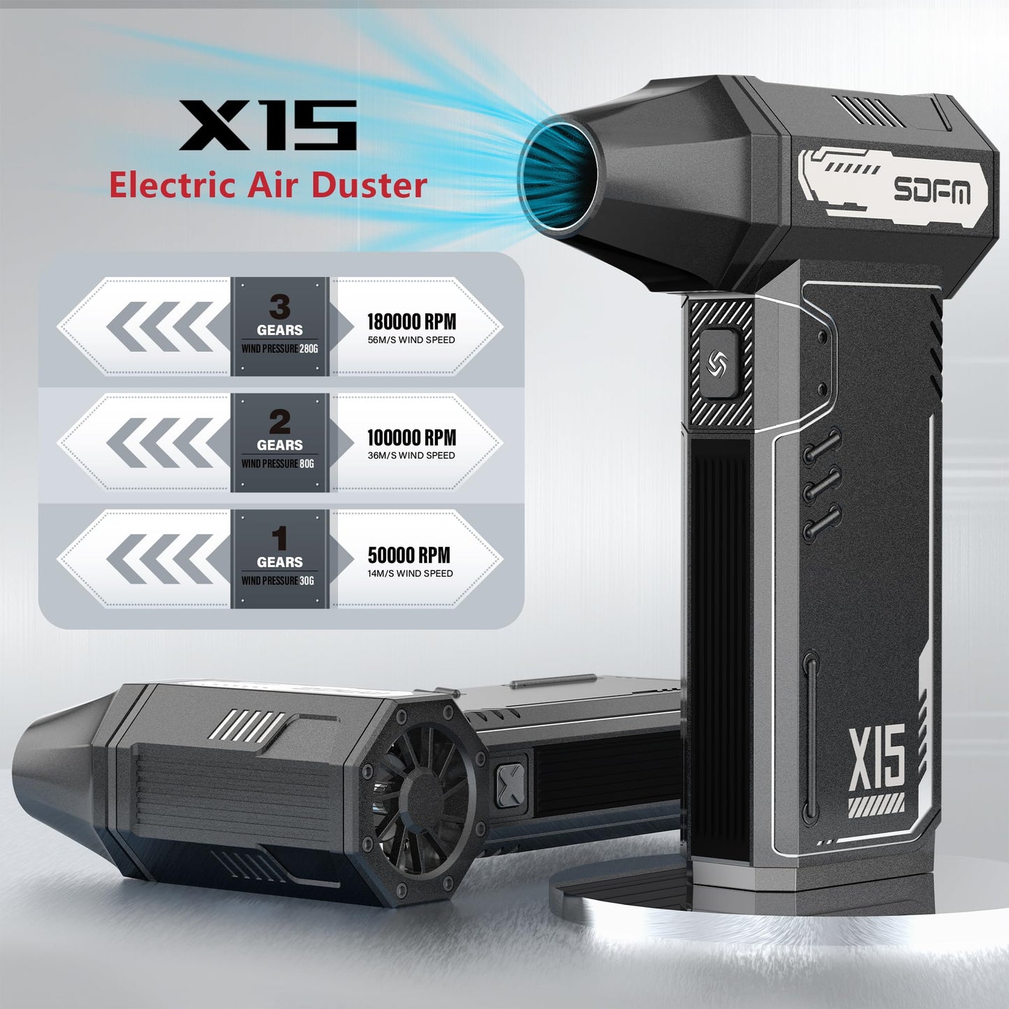 SDFM Compressed Air Duster - 180,000 RPM Compressed air - with Brushless Motor, 3-Gear Adjustable Air Duster - for Keyboard, PC, Car, Air Bed, and Home Cleaning (Black)