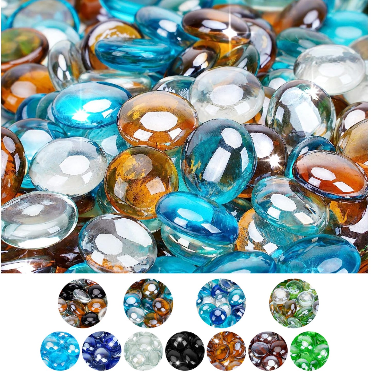 Mr. Fireglass 10 Pound Blended Fire Glass Beads, 1/2" High Luster Mixed Colored Fire Glass Drops for Fireplace Fire Pit & Lanscaping, Caribbean Blue, Crystal Ice, Caramel