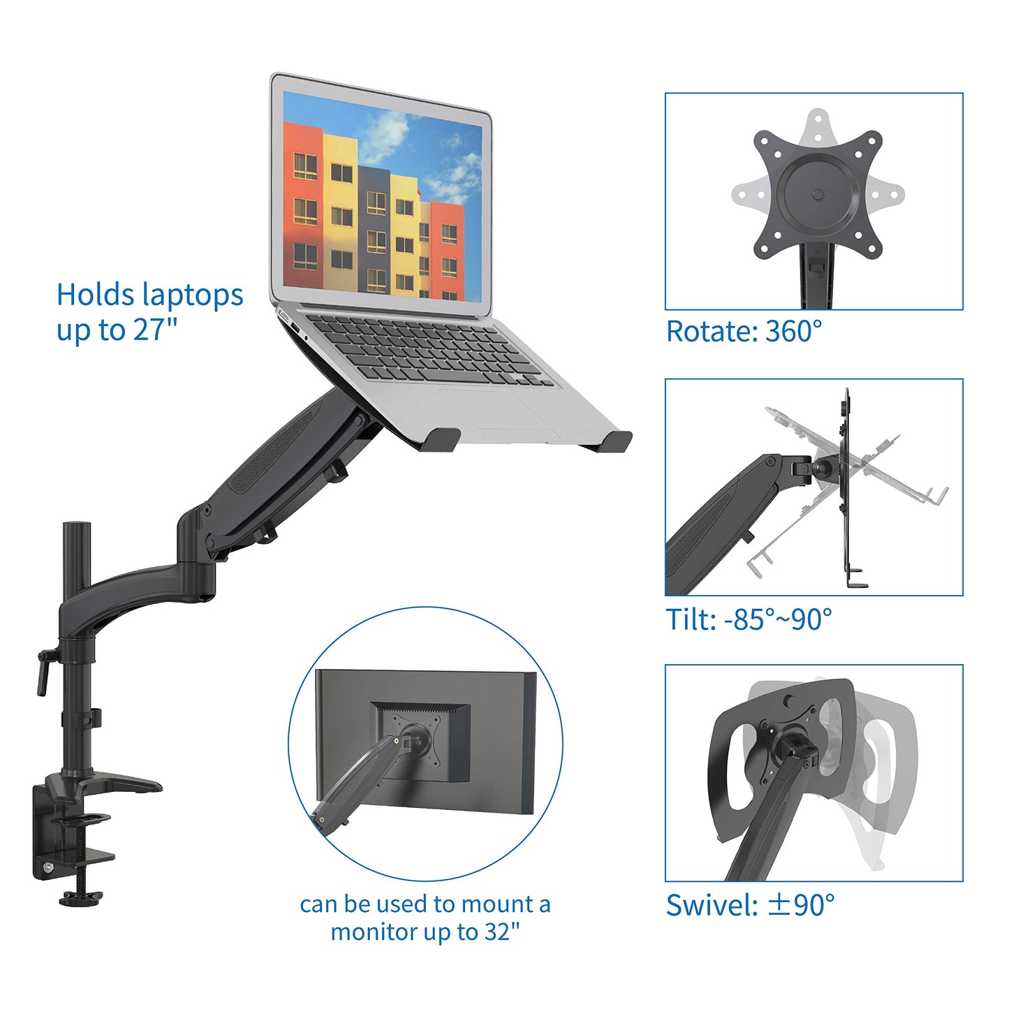 SHOPPINGALL Fully Adjustable Single Gas Spring Laptop Mount Stand for Laptops Up to 17", Both Desk clamp and Grommet mounting - SA-GM112D+D15-Black