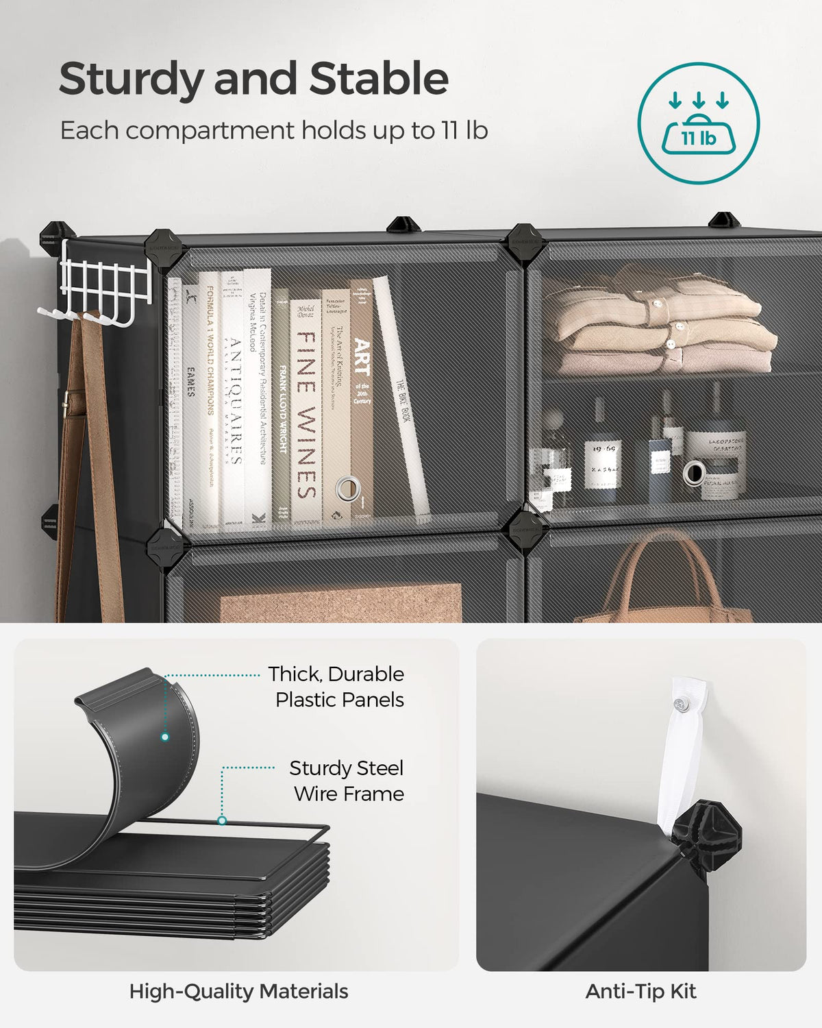 SONGMICS Shoe Rack Organizer, Shoe Storage Cabinet for Closet and Entryway, Adjustable, Steel Frame, Plastic Panel, 8 Cubes, Ink Black + Transparent