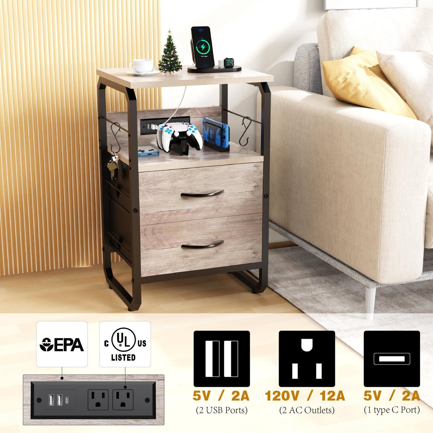 runjuly Side Table with Drawers, Night Stand with Charging Station, AC Outlets & USB C Ports, End Table with Storage, Night Tables with Hooks, Bedside Nightstand for Office, Bedroom, Dorm Greige